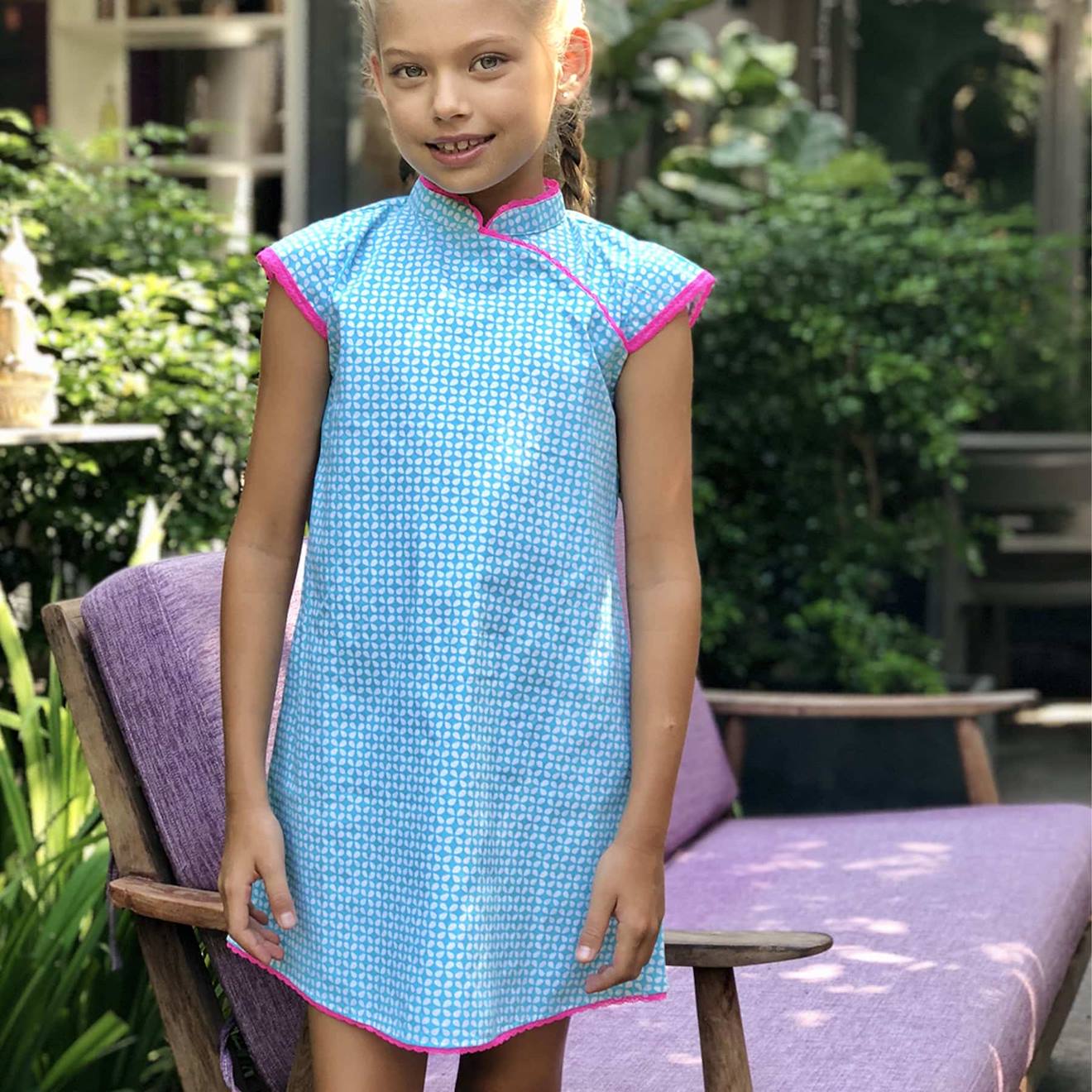 Robe Chinoise Avec Col Mao Annam Bleu Turquoise Fuchsia