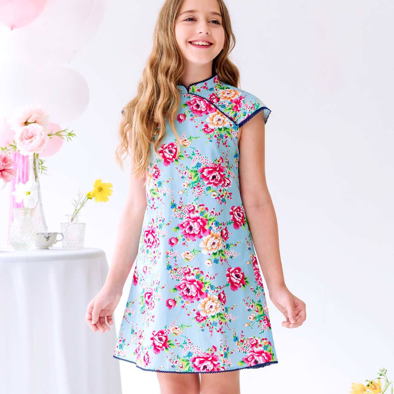 Robe Chinoise Fleurie Annam Bleu Turquoise Fuchsia