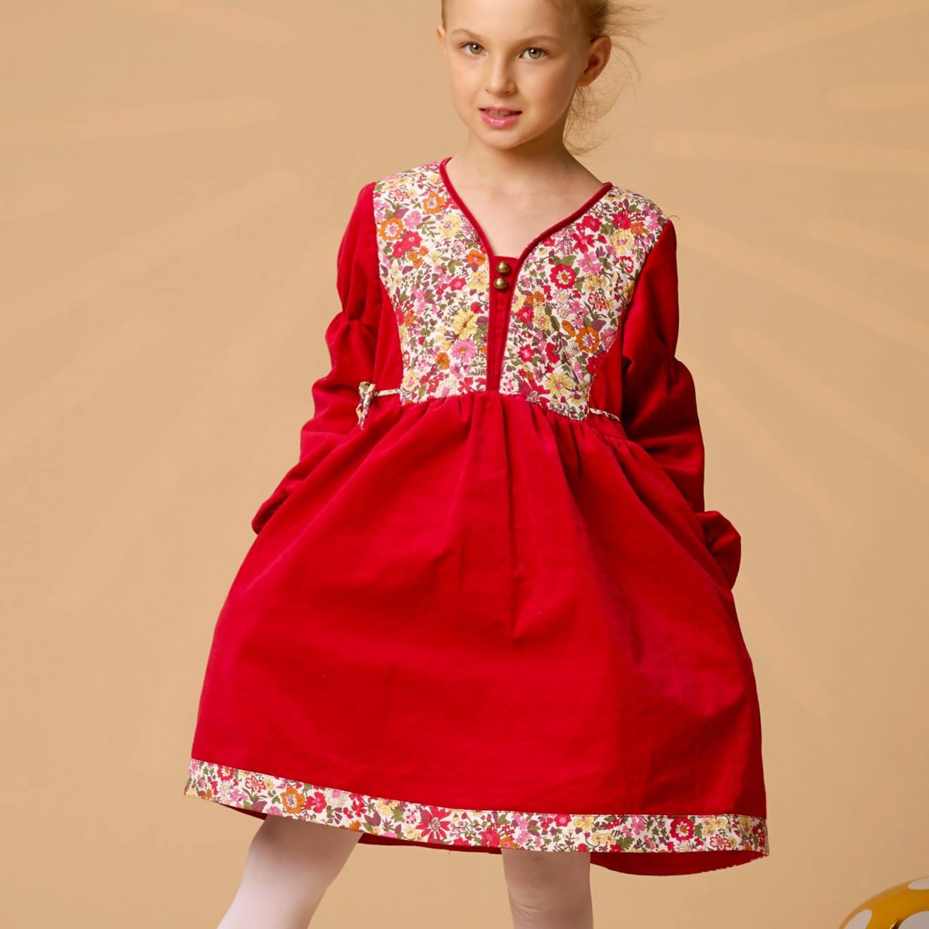 Robe De Noël Velours Fleuri Liberty Margot Rouge