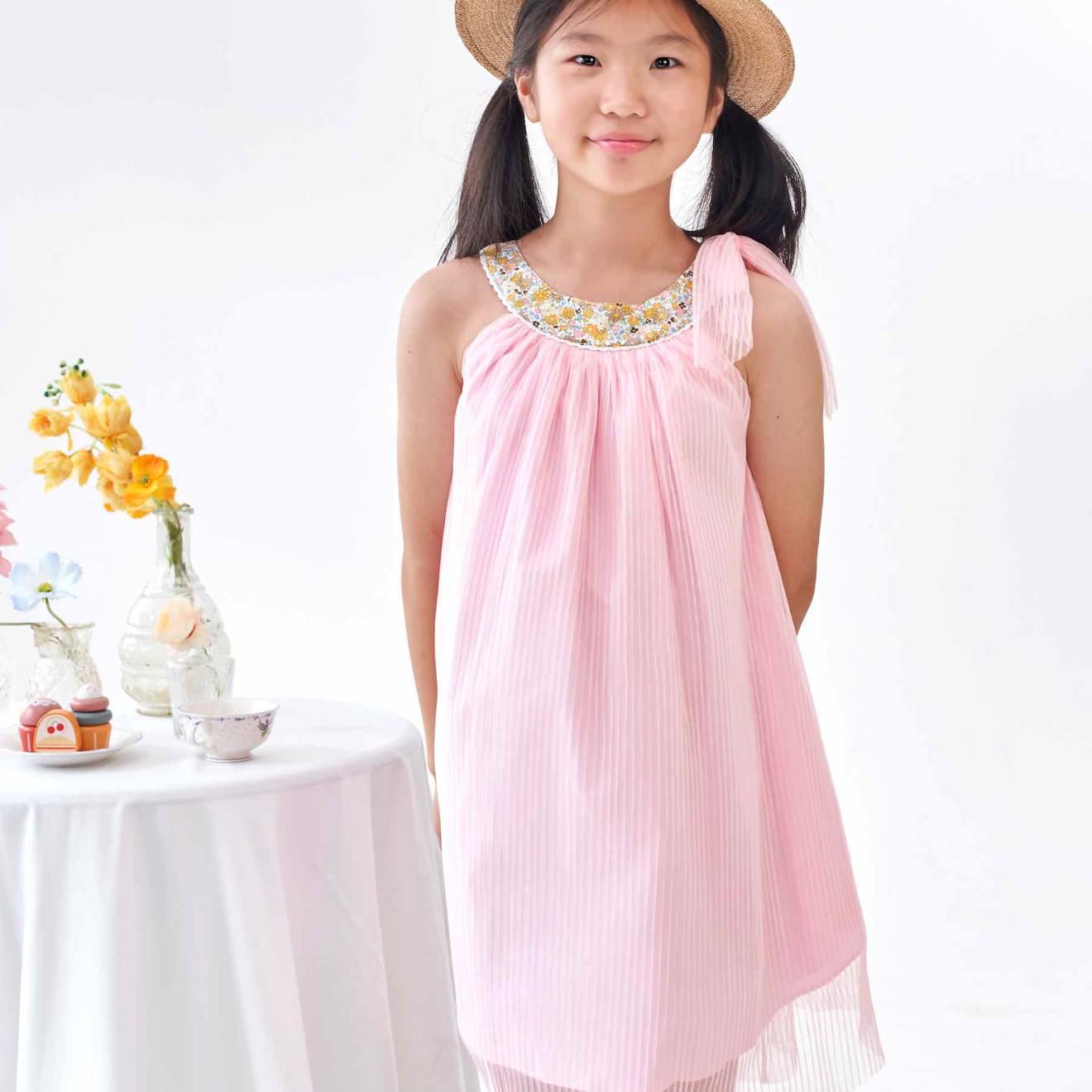 Robe Demoiselle D'honneur Col Fleuri Alizee Rose Poudré Jaune Fleuri