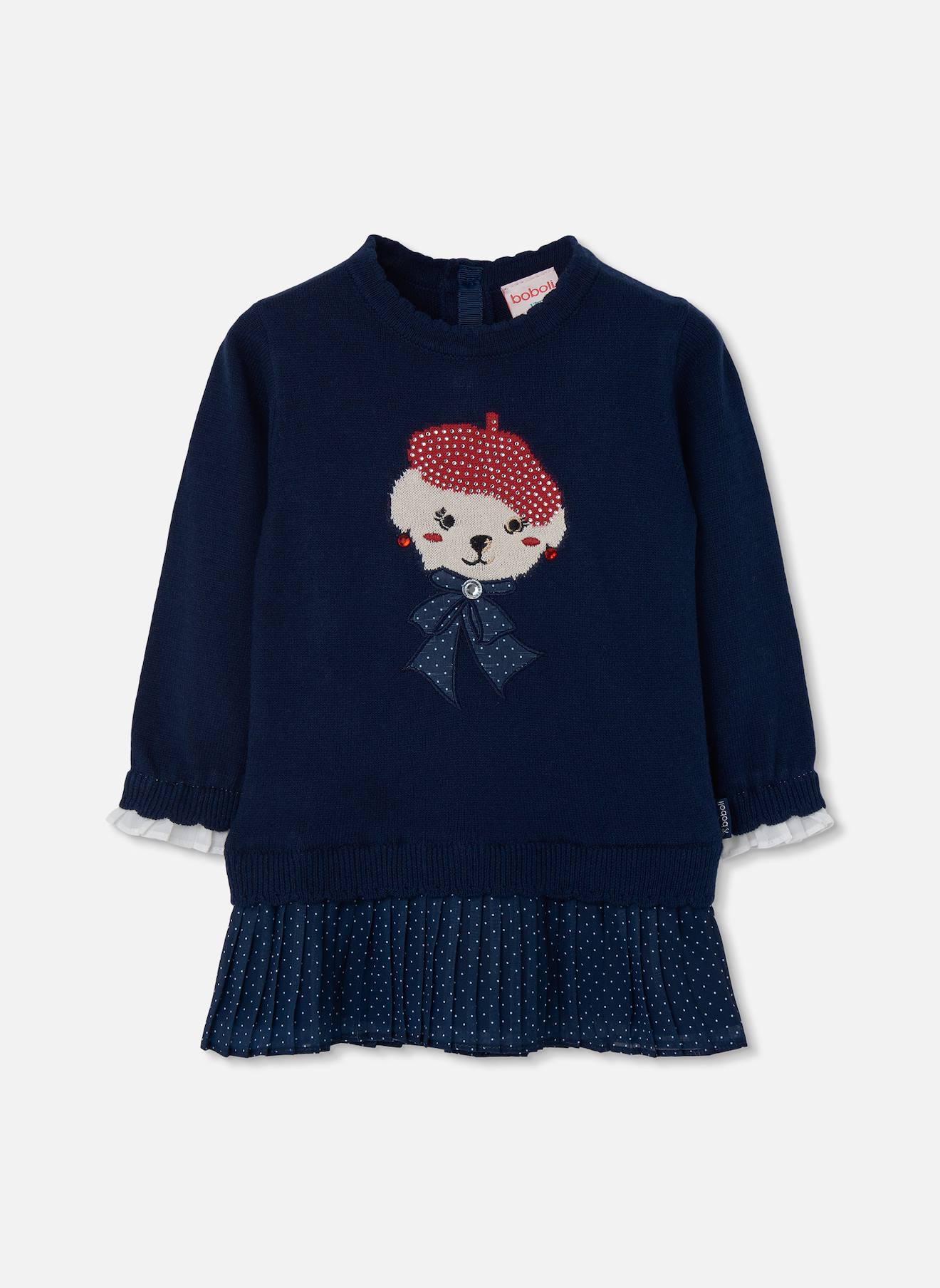 Robe Fille Brodée D'ourson Avec Béret Bleu