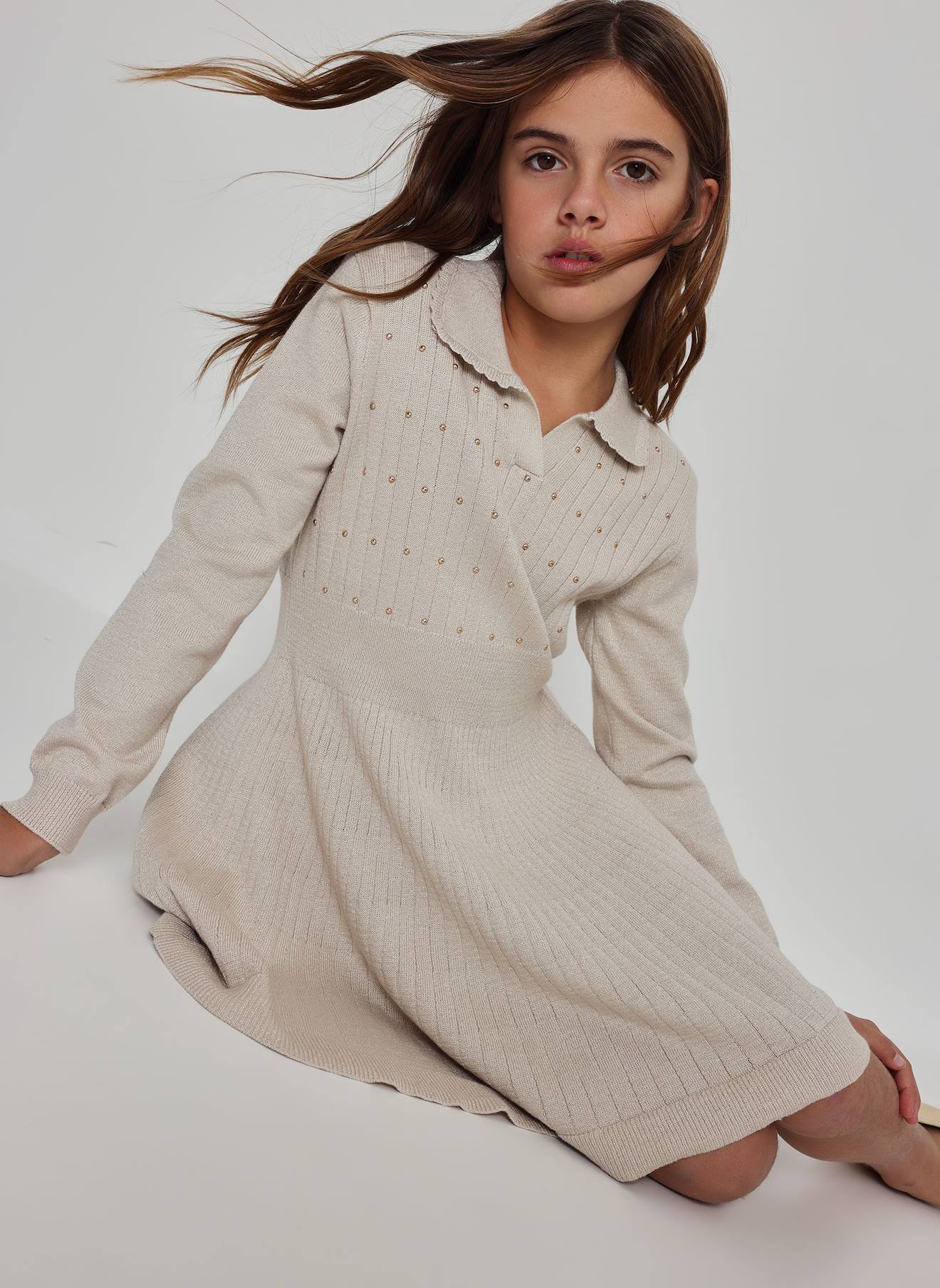 Robe Fille En Maille Avec Détails Beige