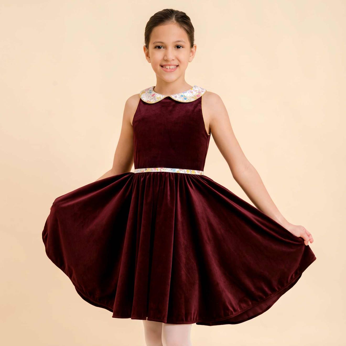 Robe Fille En Velours & Col Claudine Liberty Hepburn Bordeaux Col Liberty Pastel