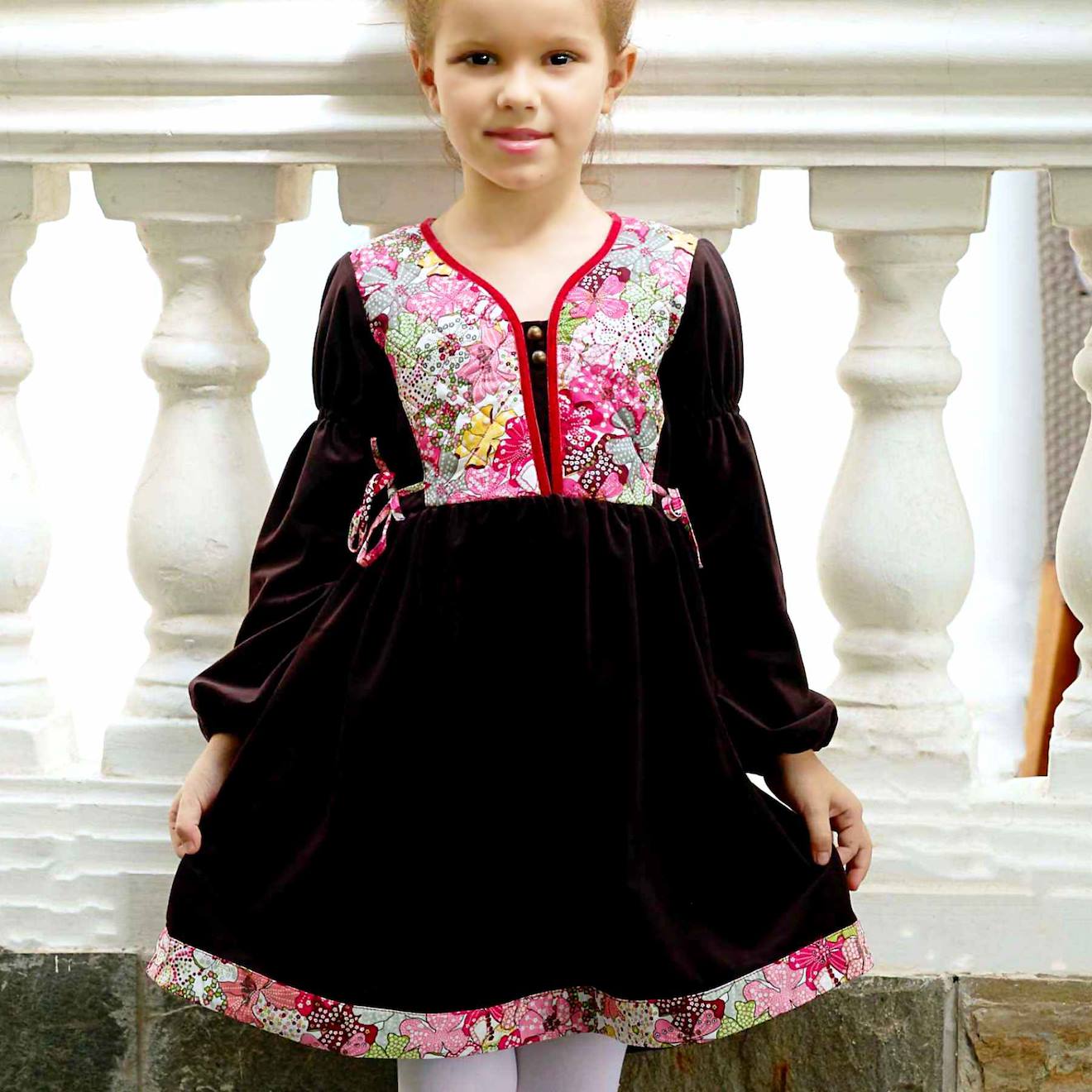 Robe Fleurie Et Velours Margot Marron Rouge