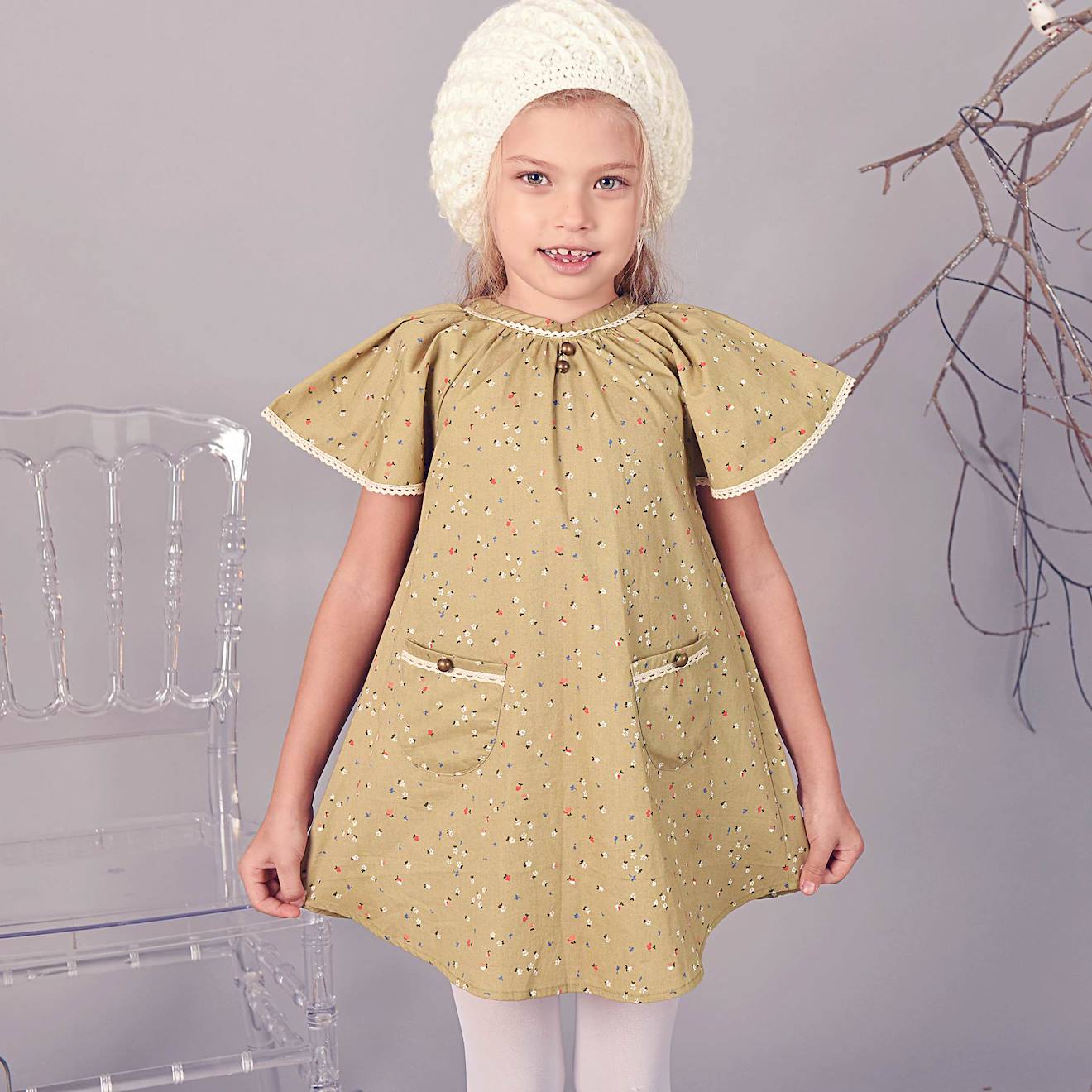 Robe Fleurie Manches Papillon Butterfly Vert Kaki Fleuri
