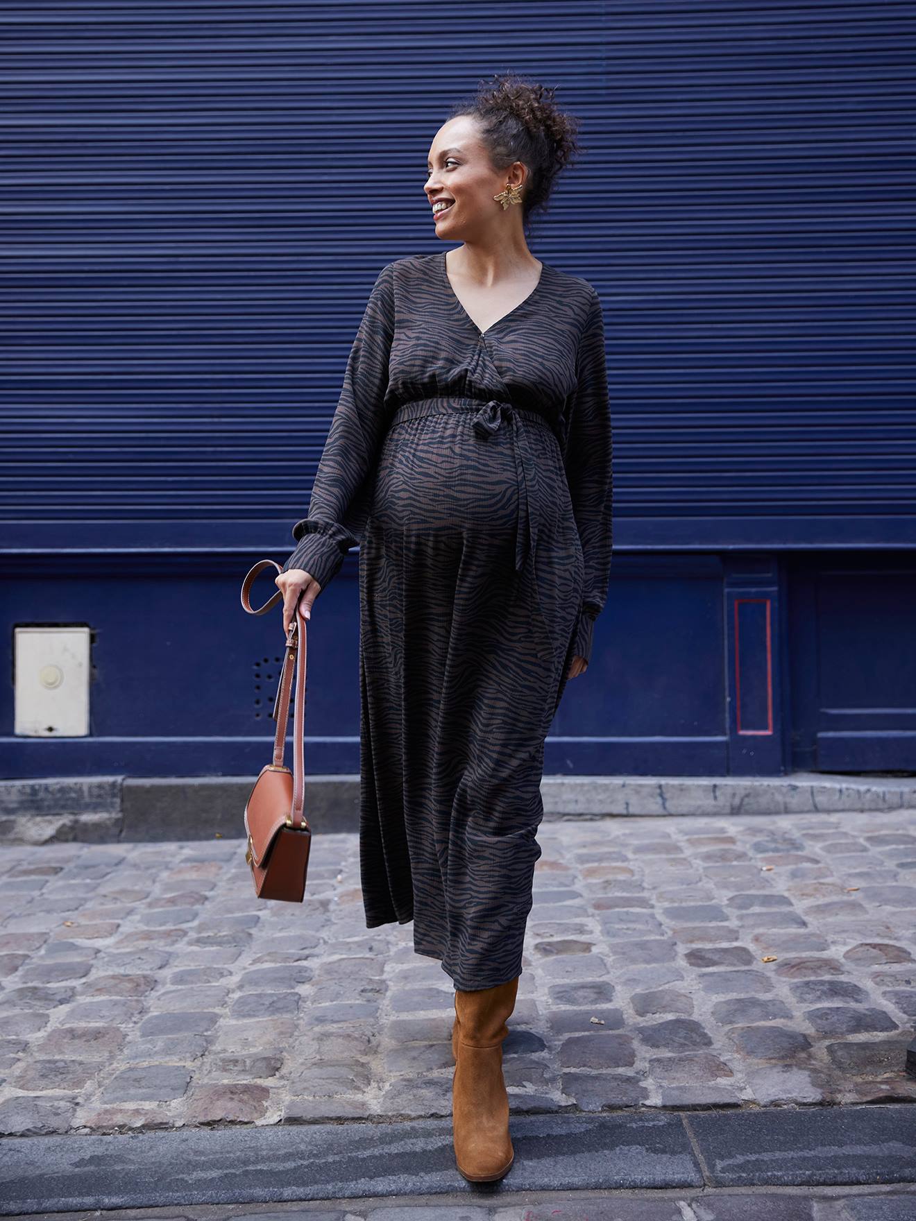 Robe longue grossesse et allaitement motif zébré chocolat