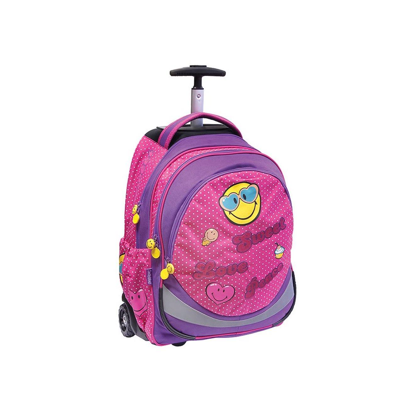 Sac À Dos À Roulettes 2 Roues Smiley World 45 Cm – Poignée Télescopique Bleu / Violet / Clair / Gris