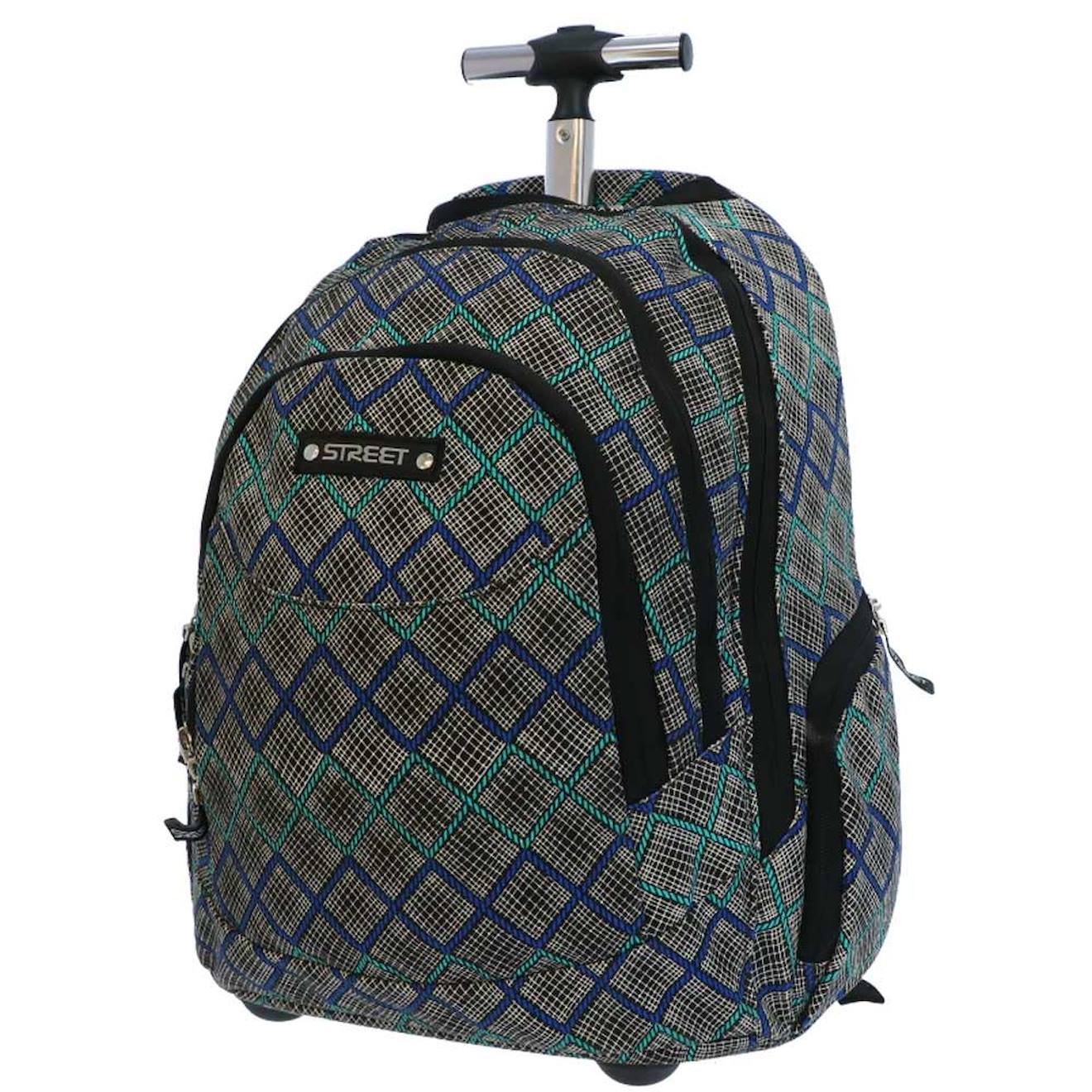 Sac À Dos À Roulettes Fille Canvas 45 Cm - 3 Compartiments + Poches Latérales Noir / Bleu / Vert