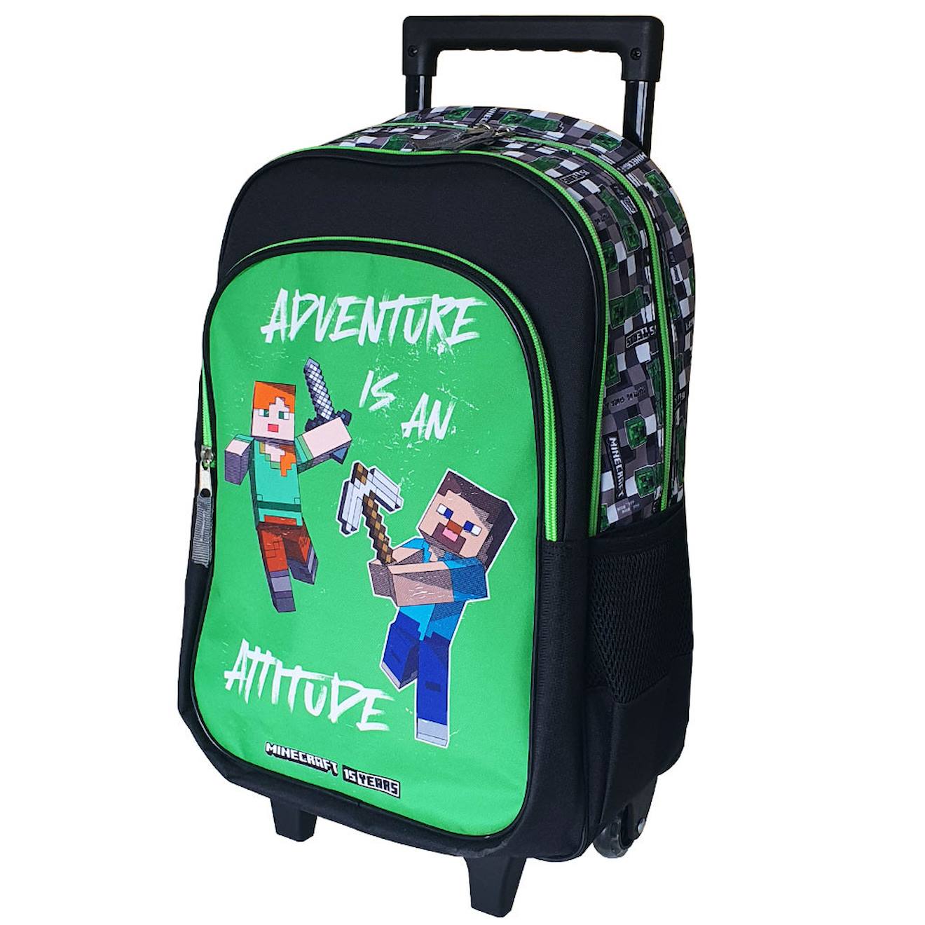 Sac À Dos À Roulettes Garçon Minecraft Aventure 45 Cm - Trolley Scolaire À 2 Compartiments Blanc / Noir / Vert