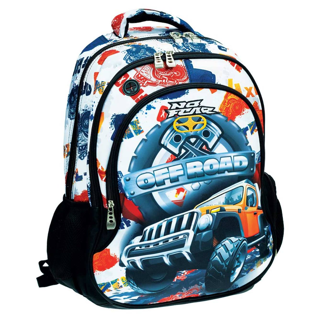 Sac À Dos Scolaire Garçon Monster Truck Imprimé No Fear 45 Cm Blanc / Noir / Bleu