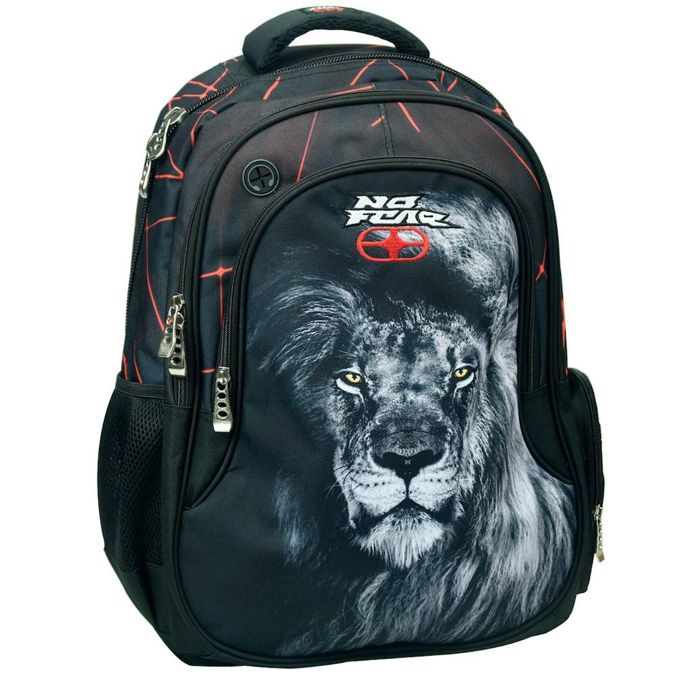 Sac À Dos Scolaire Garçon No Fear Lion Photoréaliste 43 Cm Blanc / Noir / Rouge