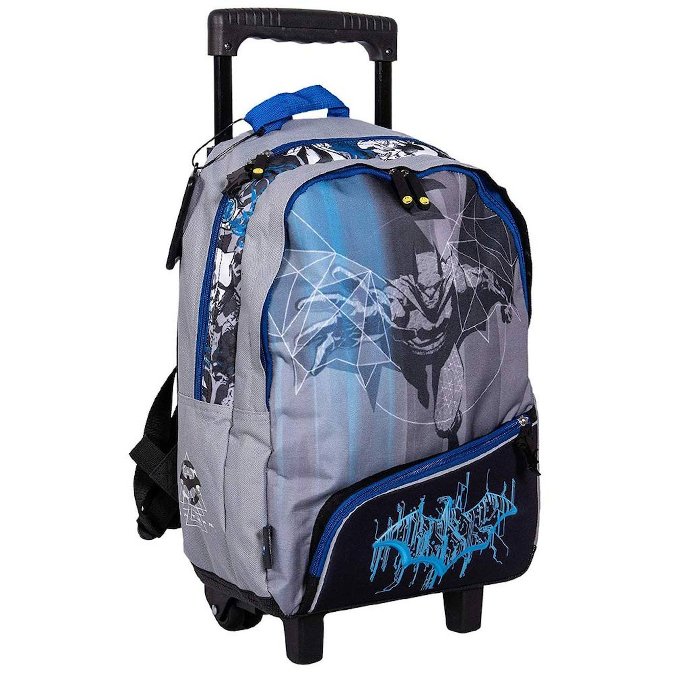 Sac À Dos Trolley Garçon Batman En Tissu Imprimé 2 Compartiments 41 Cm Gris / Bleu / Noir