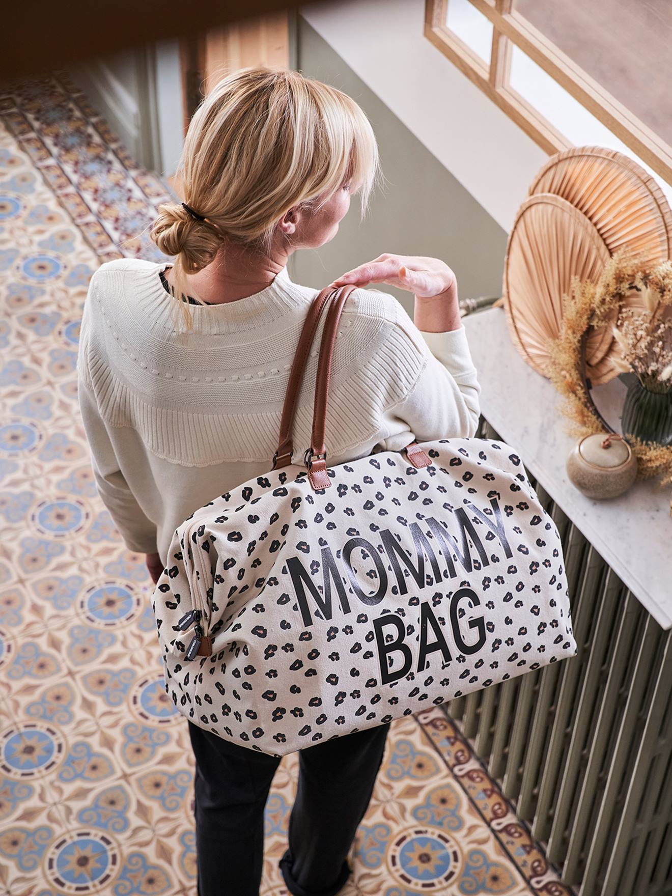 Sac à langer Mommy bag large canvas blanc cassé léopard
