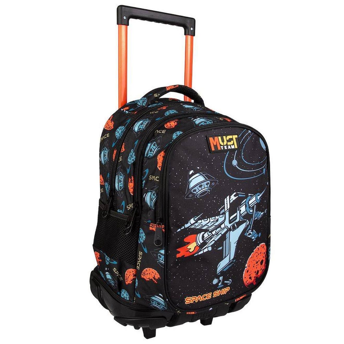 Sac À Roulettes Scolaire Garçon 3 Compartiments Vaisseau Spatial 45 Cm Noir / Orange