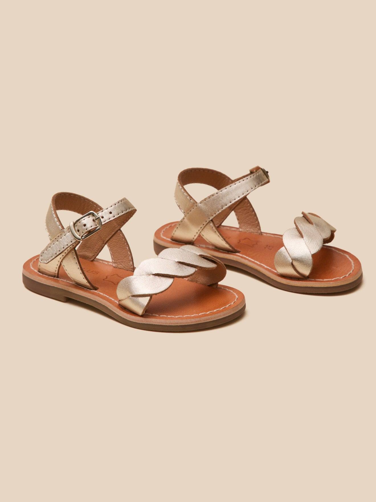 Sandales Tressées Fille En Cuir Dore