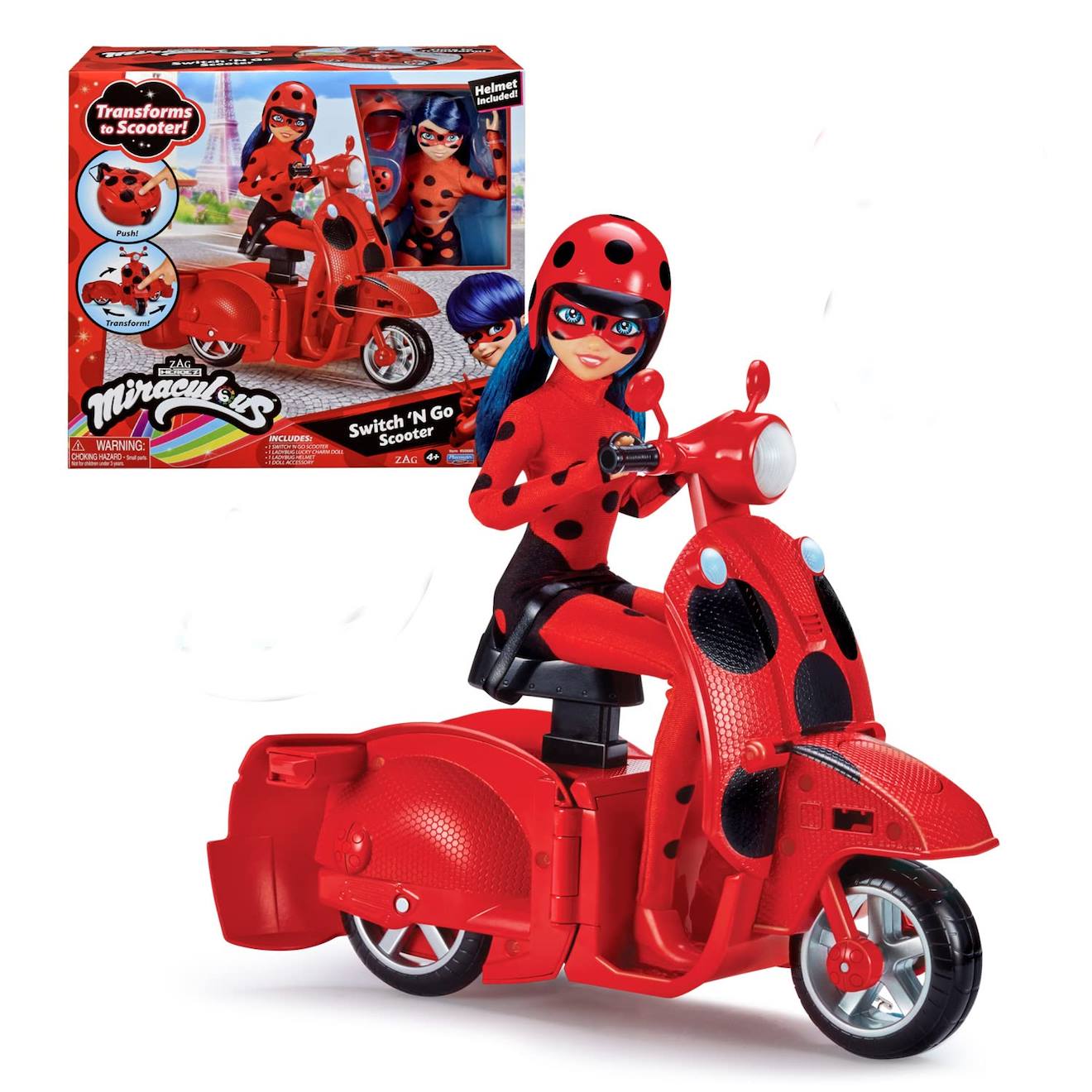 Scooter Miraculous Switch'n Go + Poupée Articulée Ladybug Rouge