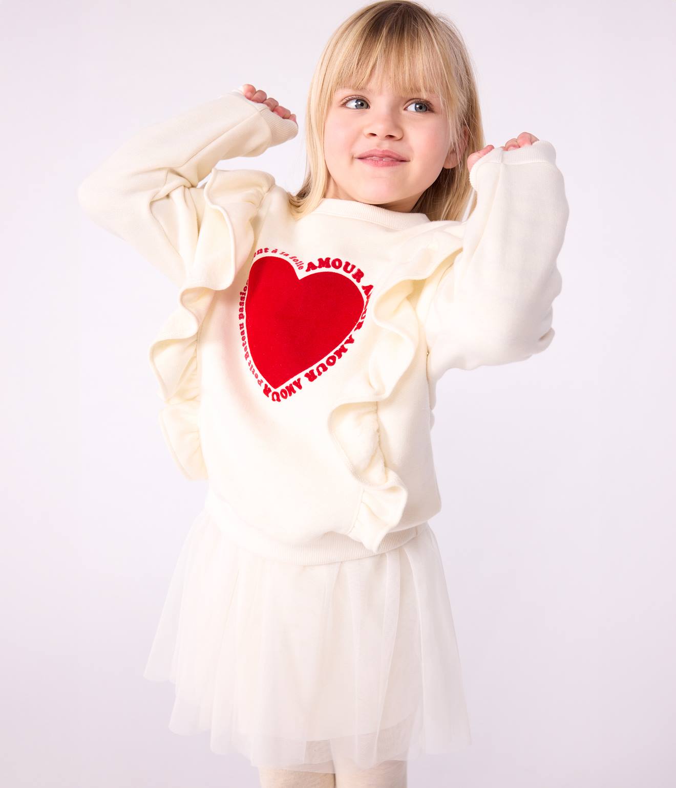 Sweat-shirt fille en coton imprimé à volants écru
