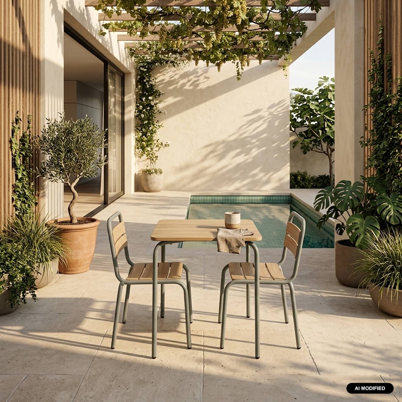 Table De Jardin Enfant Acier Et Décor Bois + 2 Assises - Suzie Vert De Gris