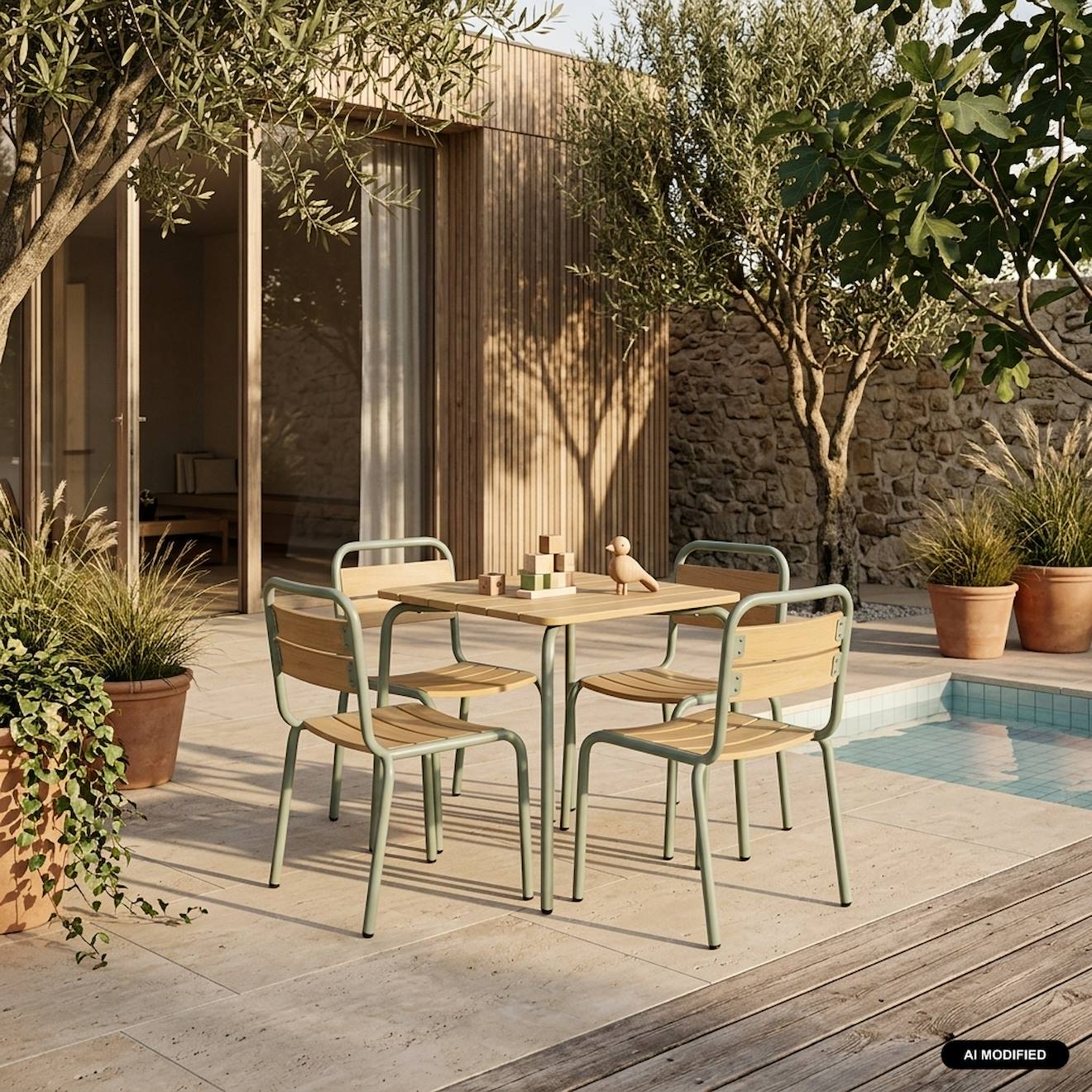 Table De Jardin Enfant Acier Et Décor Bois + 4 Assises - Suzie Vert De Gris
