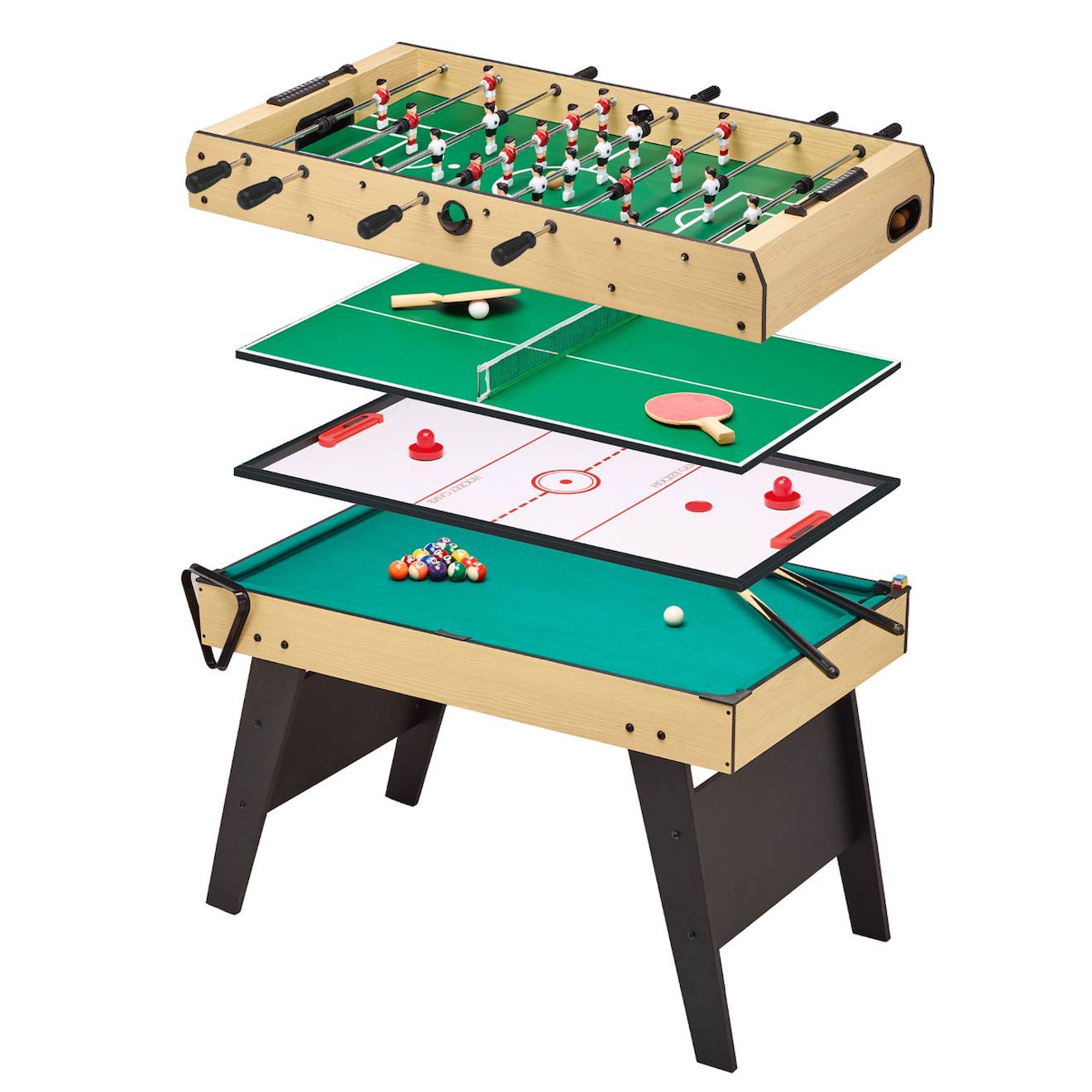 Table Multi Jeux 4 En 1 Pour Toute La Famille - Baby-foot - Billard - Ping Pong - Hockey Marron
