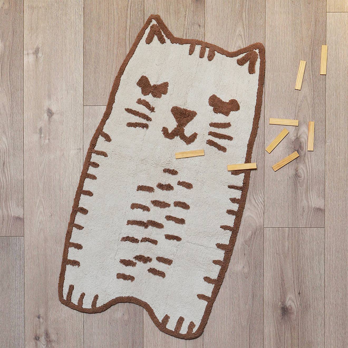 Tapis Chambre Enfant Coton Lavable Petit Chat Little Charlie Ecru Et Caramel