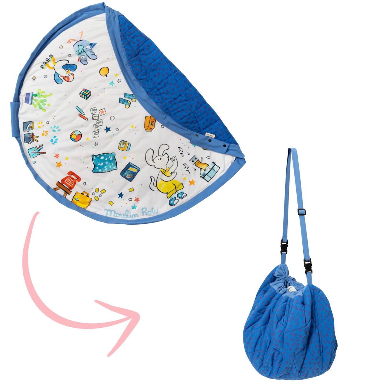 Tapis De Jeu 2 En 1 Noomad Organic Soft Puce Et Pilou Moulin Roty Blanc, Bleu, Jaune