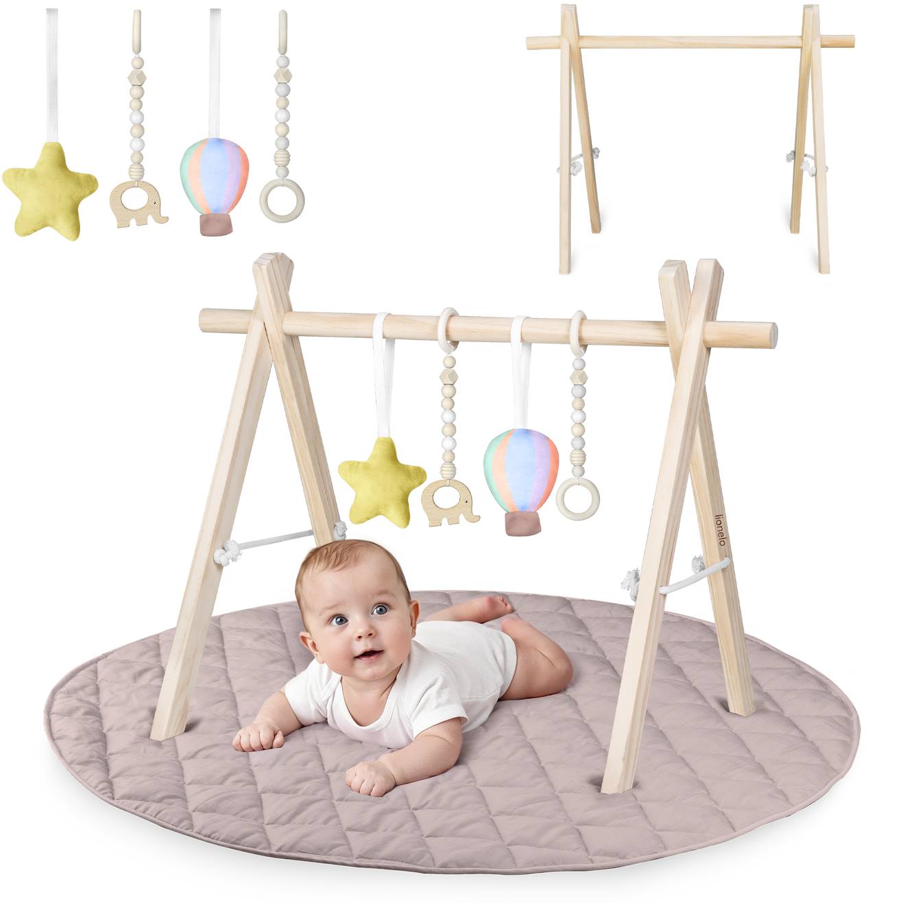 Tapis D’éveil Anis Set Avec Arche En Bois Pliable Et Tapis De 2 Cm Beige