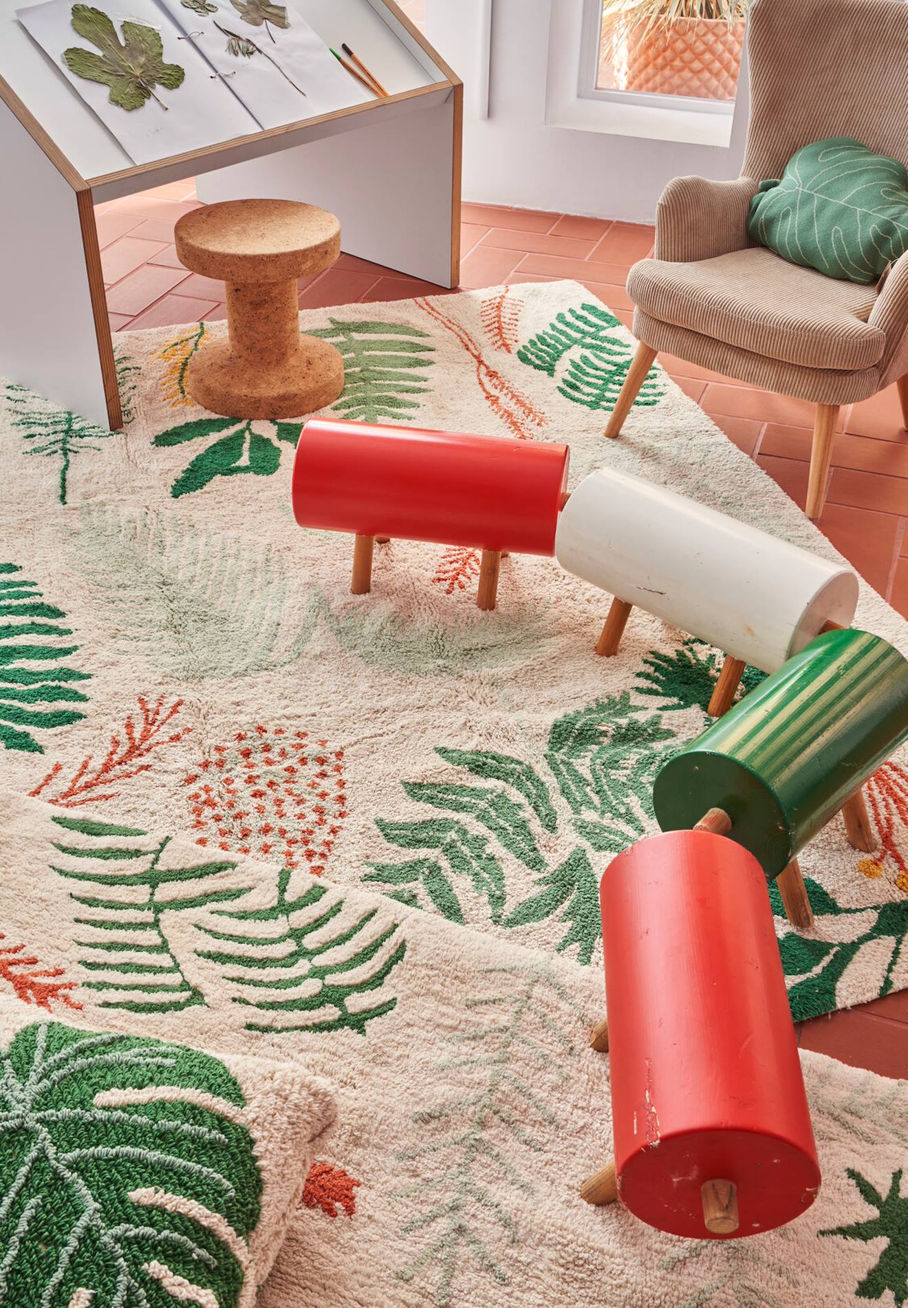 Tapis Enfant Lavable En Coton Botanic Plants Naturel, Vert, Moutarde, Terra