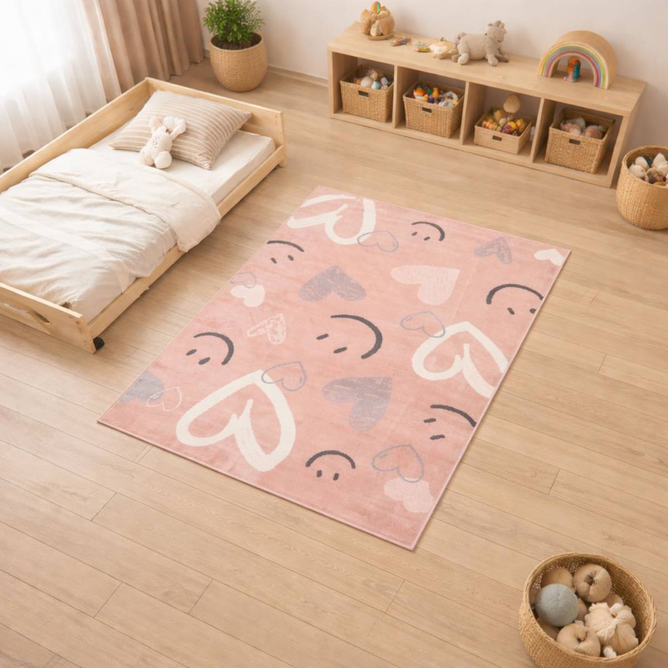 Tapis Enfant Motif Cœurs Et Smileys Design Ludique Et Joyeux Rose