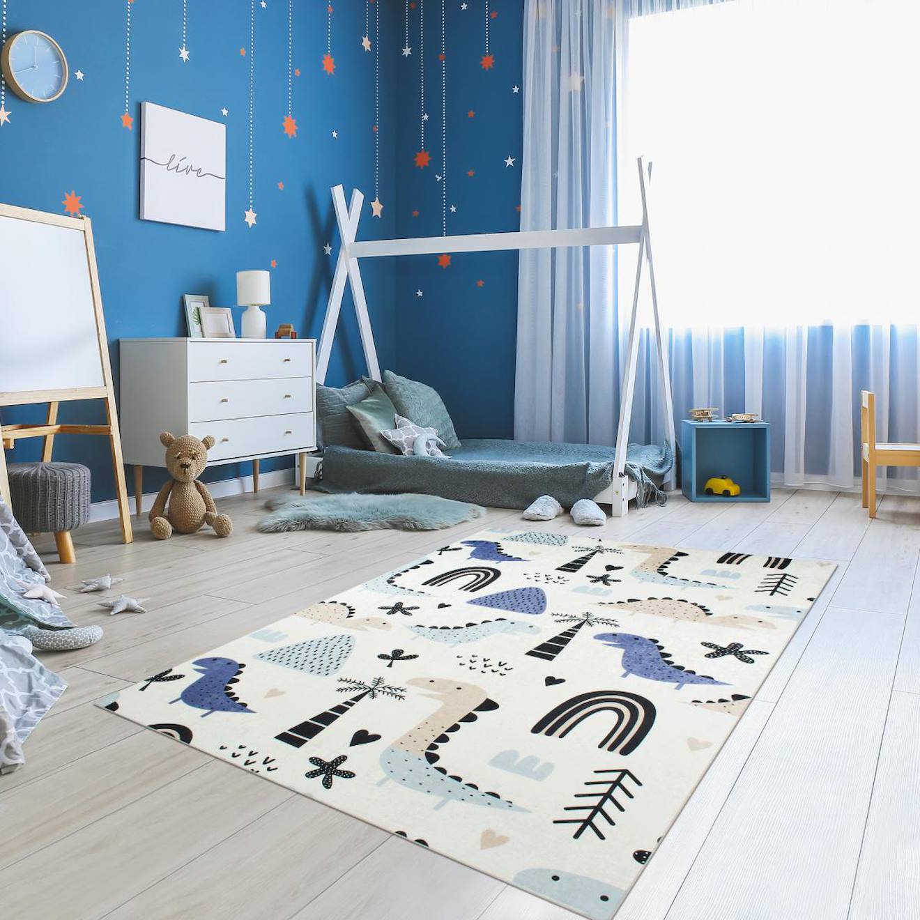 Tapis Enfant Tissé Motif Animaux Dino Bleu