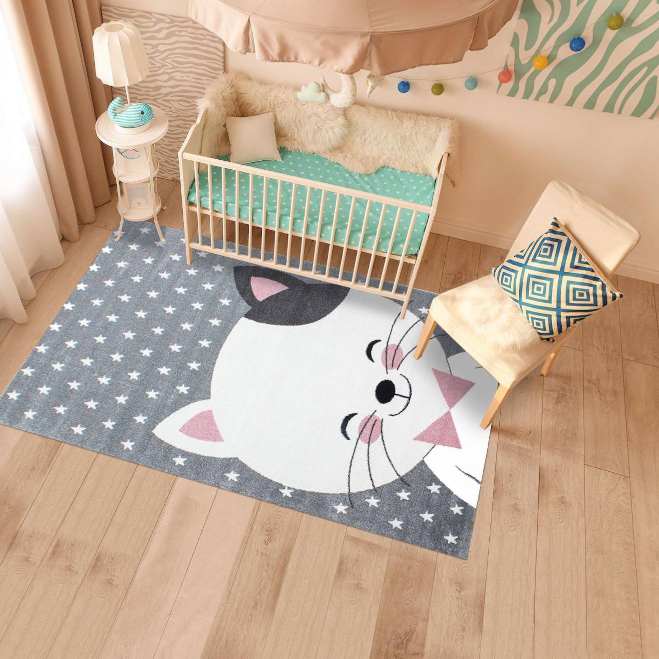 Tapis Enfant Tissé Motif Animaux Kid Chat Rose