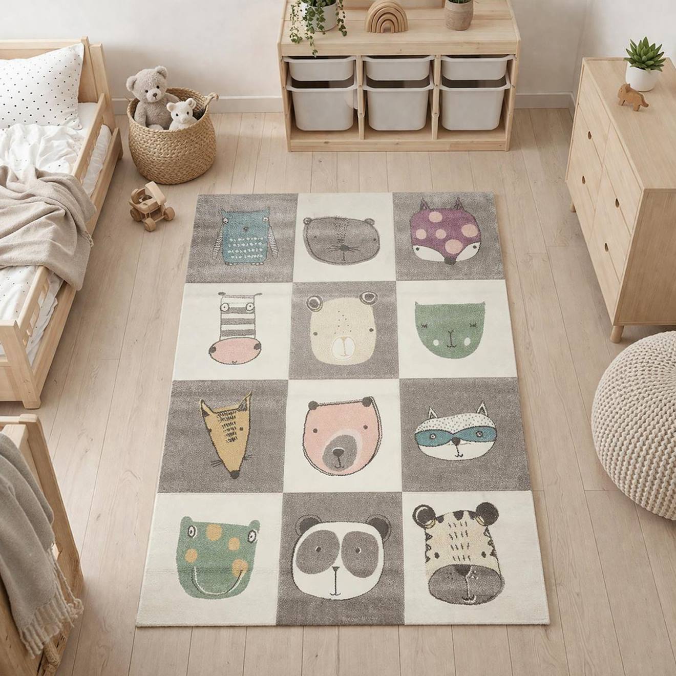 Tapis Enfant Tissé Motif Animaux Zoo 2 Gris