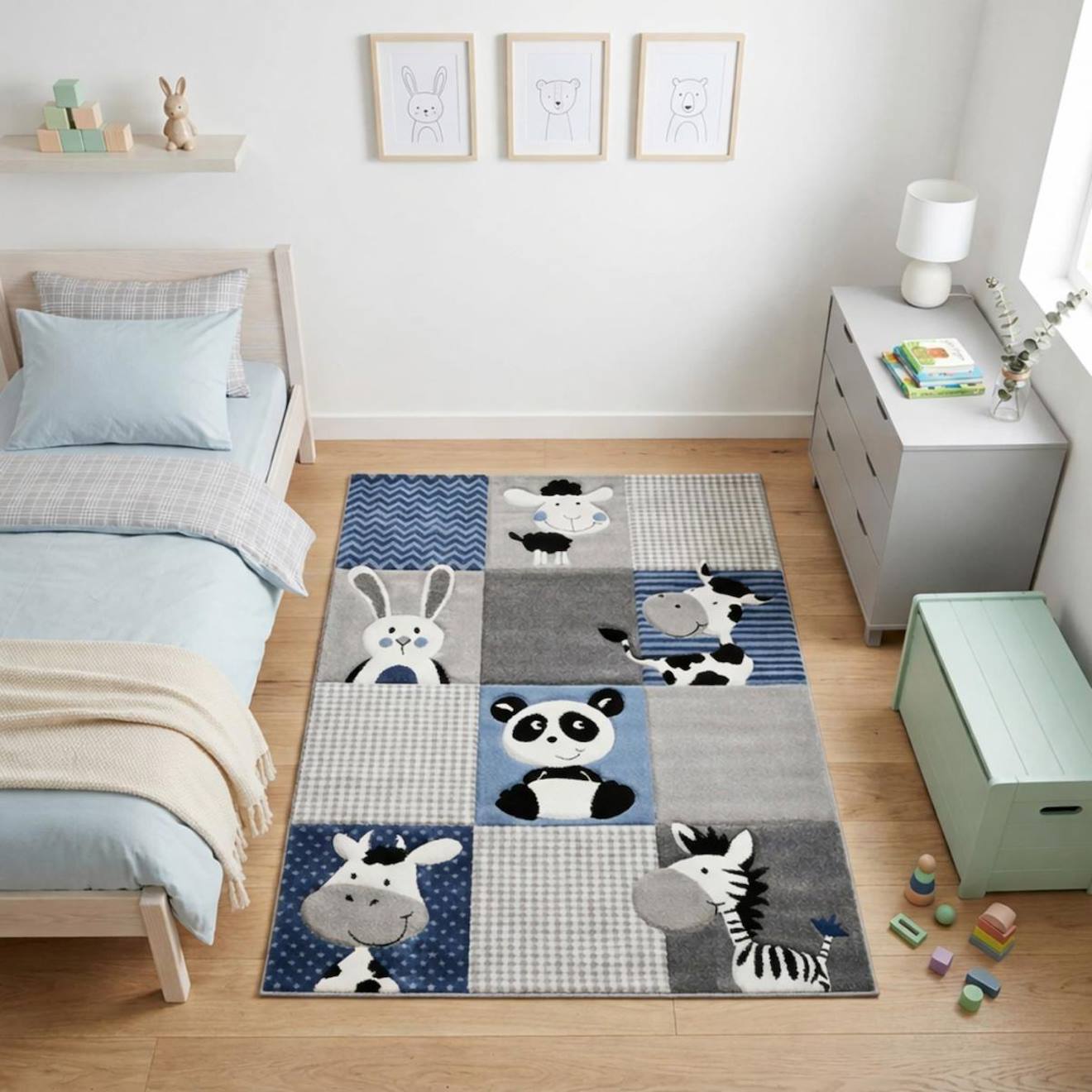 Tapis Enfant Tissé Motif Animaux Zoo Bleu