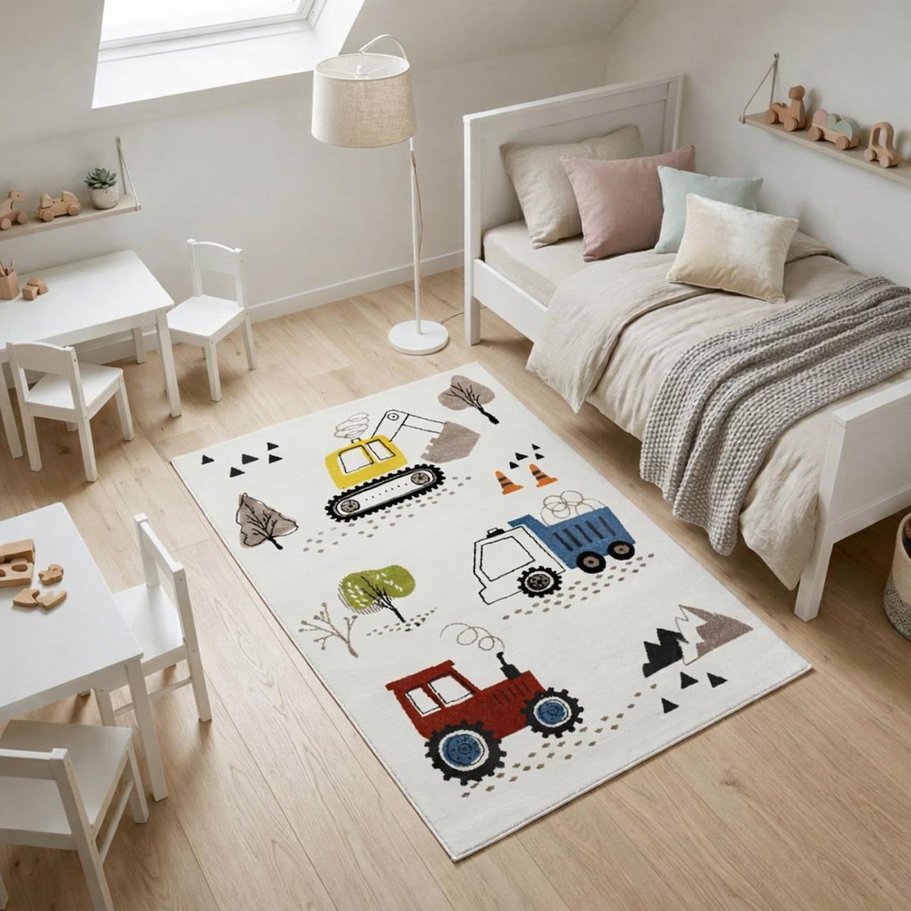 Tapis Enfant Trucks Certifié Oeko-tex Ecru