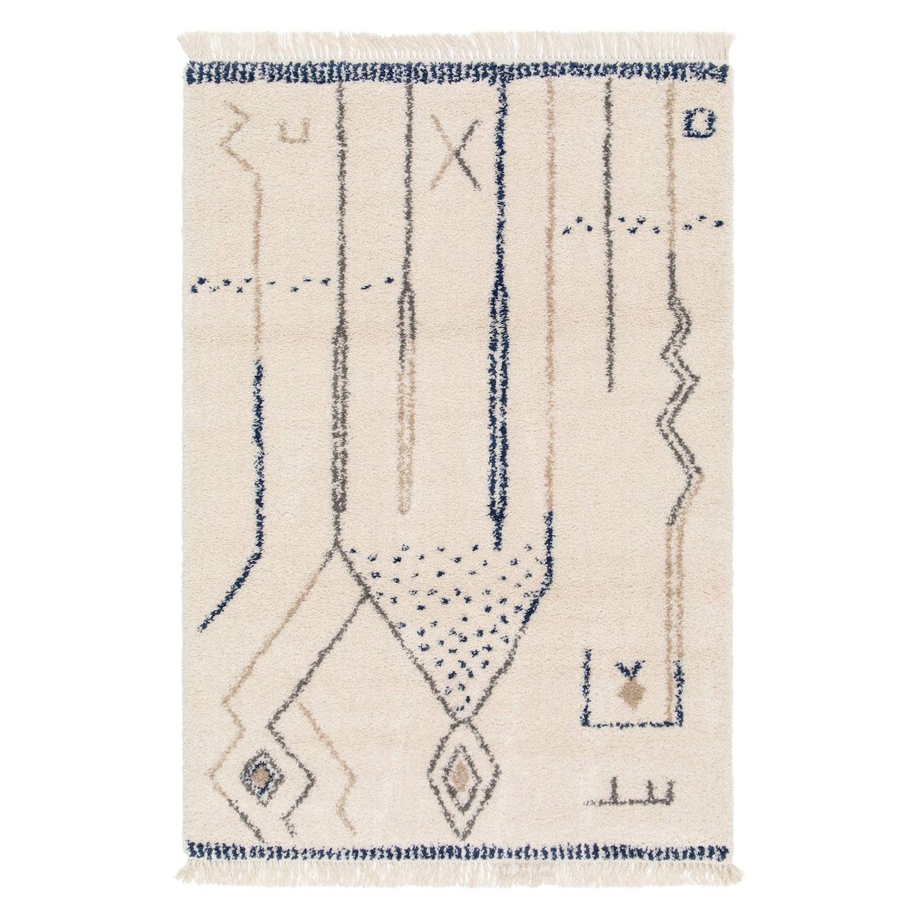 Tapis Épais À Franges Style Ethnique Glyph Bleu Naturel