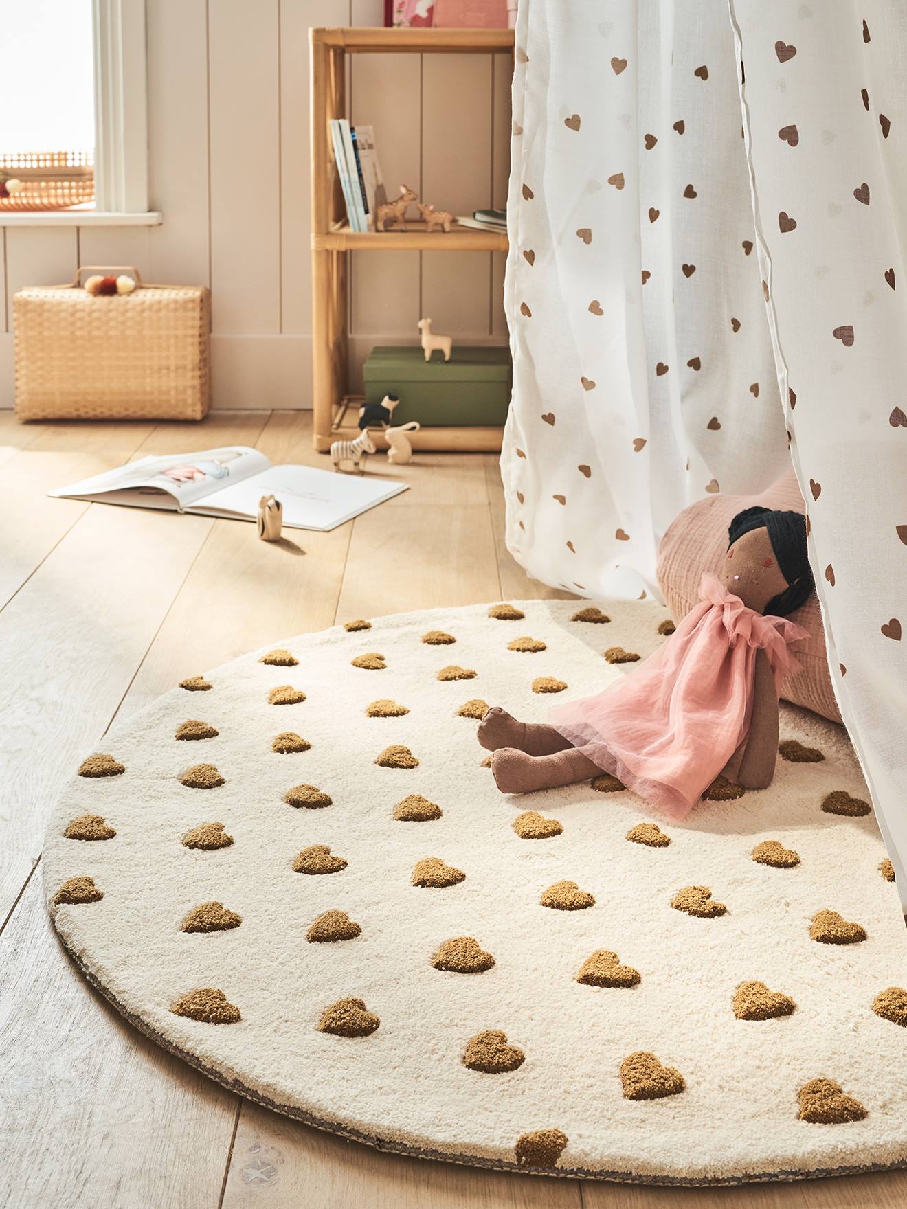 Tapis rond C½ur beige imprimé