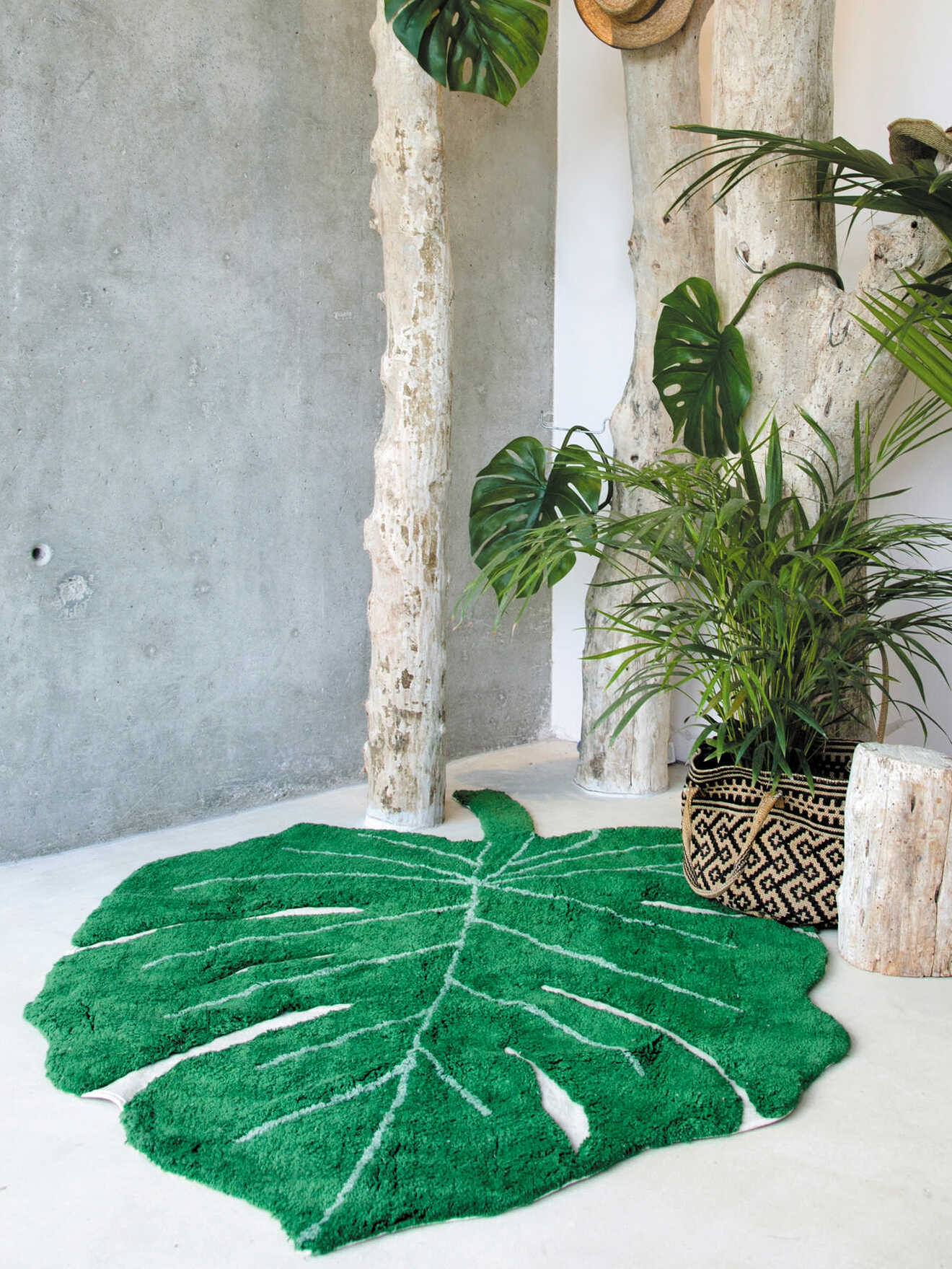 Tapis XL coton lavable Feuille Monstera vert