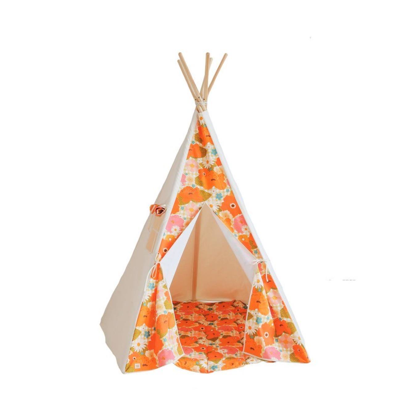 Tente Tipi Avec Tapis Picnic Aux Fleurs En Coton Beige