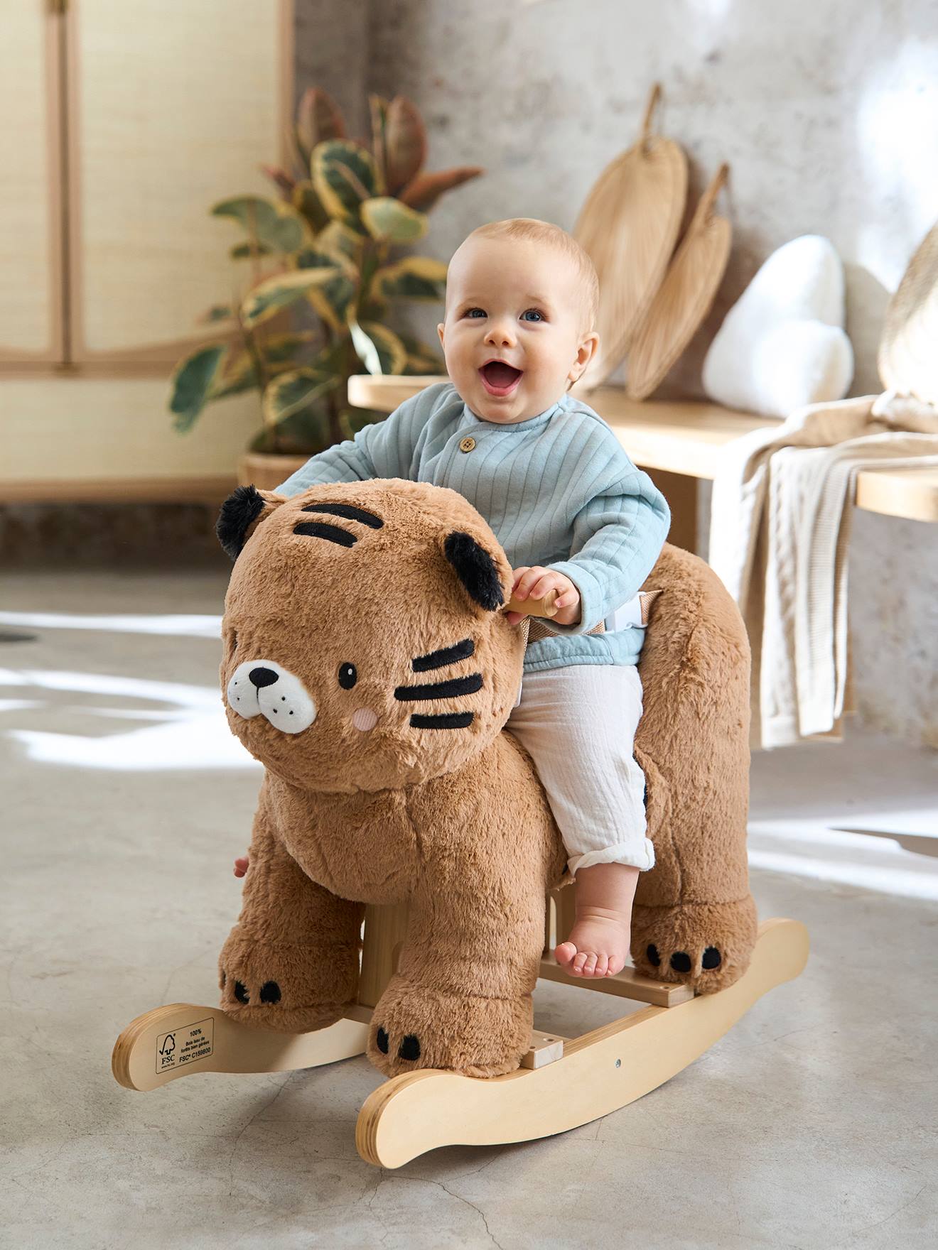 Tigre à bascule bébé en bois FSC jaune moyen uni avec decor