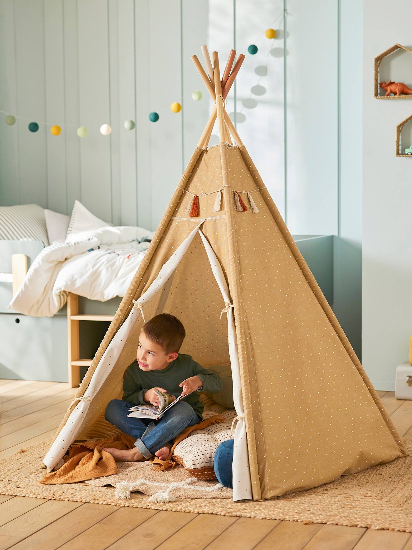 Tipi réversible Géronimo en tissu et bois FSC caramel