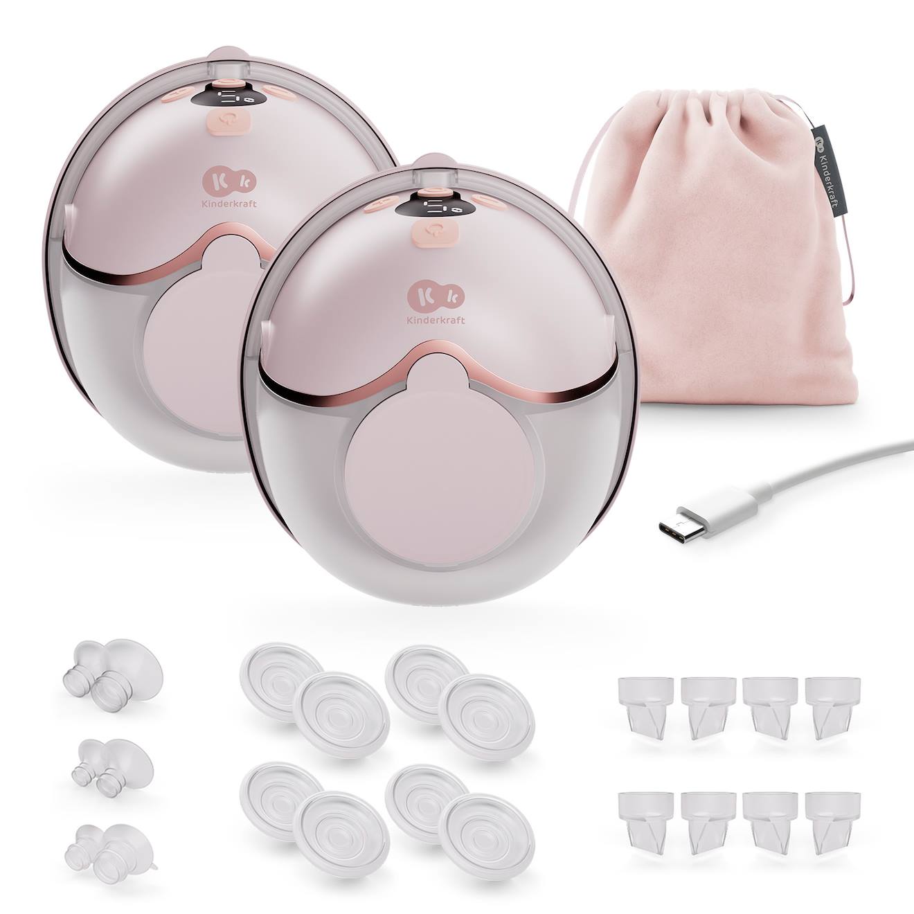 Tire-lait Kinderkraft Mamaflow Double Électrique 4 Modes Mémoire 320 Ml Compact Recharge Usb-c 2 Coupelles Rose