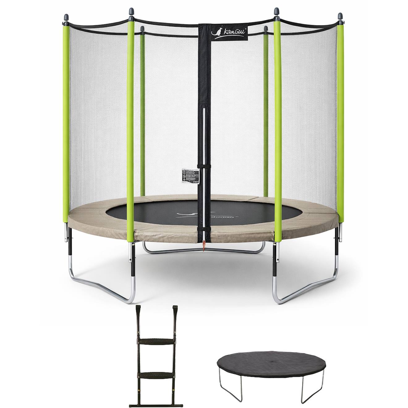 Trampoline Jardin Ø 250?cm + Filet + Échelle + Bâche - Jumpi 250 - Taupe/vert Taupe