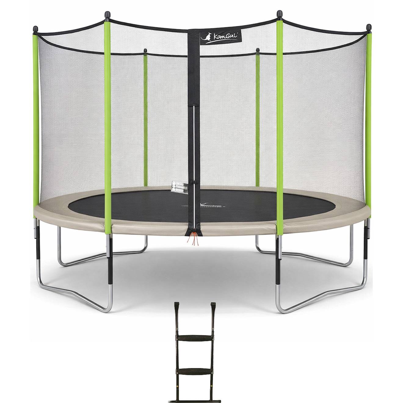 Trampoline Jardin Ø 360?cm + Filet + Échelle - Jumpi 360 - Taupe/vert Taupe