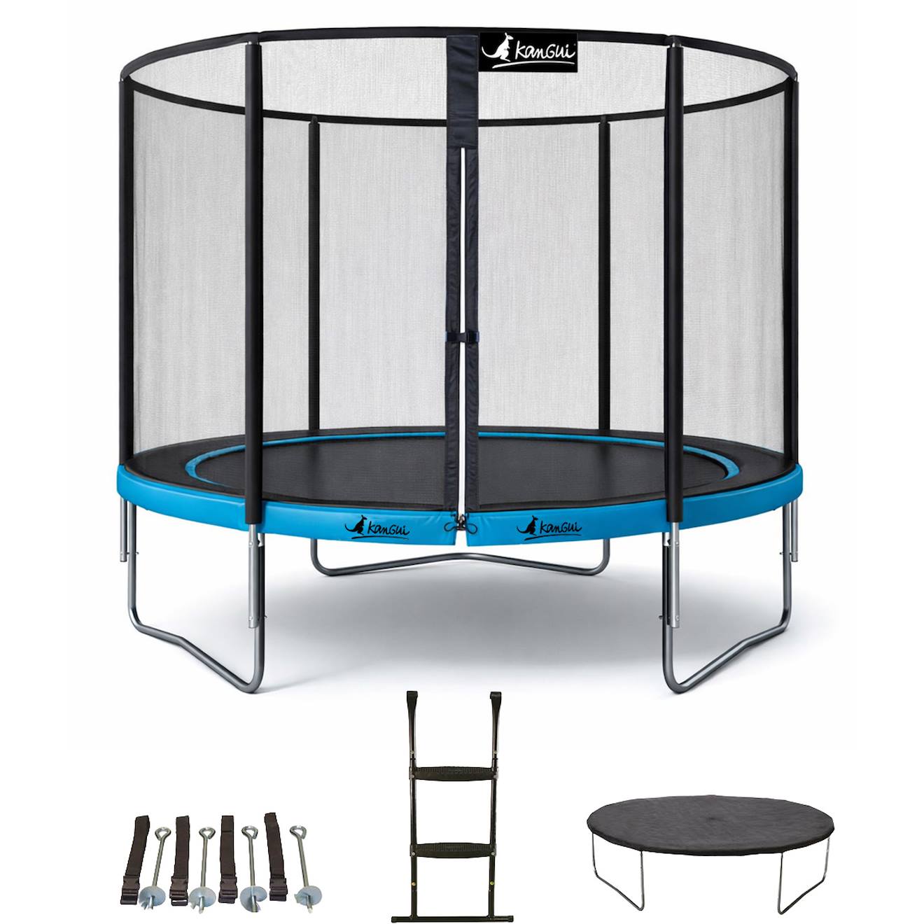 Trampoline Ø 300cm + Filet + Échelle + Bâche + Kit Ancrage - Punchi 300 Bleu Bleu