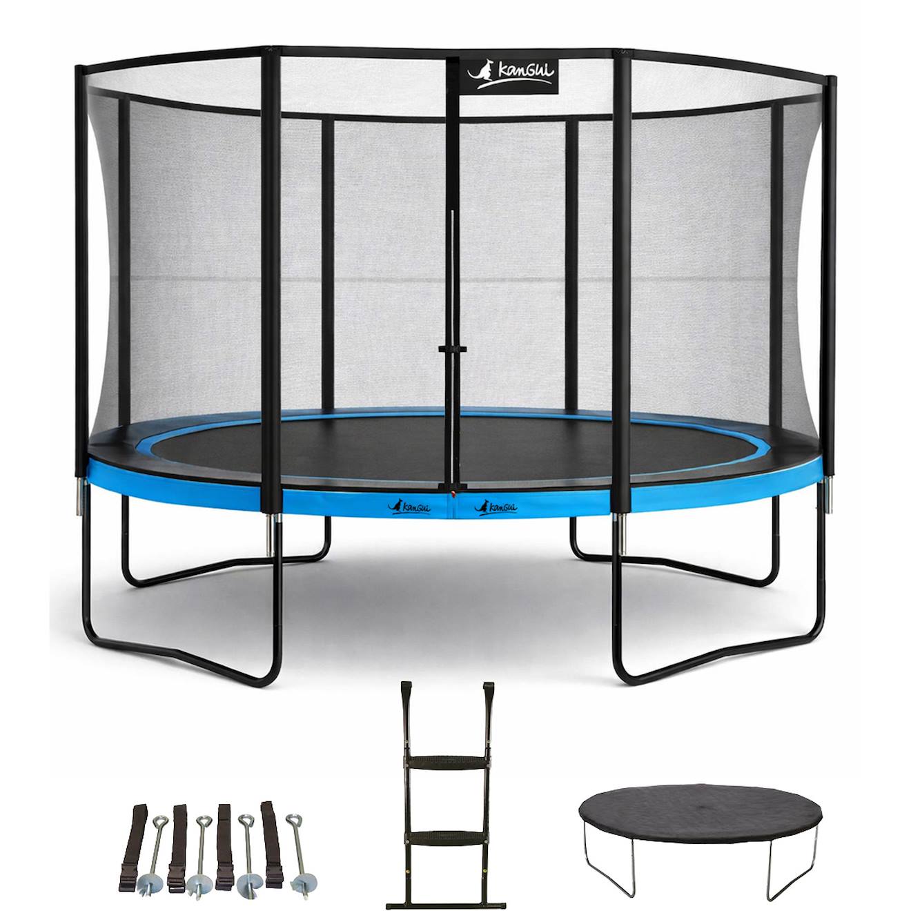 Trampoline Ø 430cm + Filet + Échelle + Bâche + Kit Ancrage - Punchi 430 Bleu Bleu