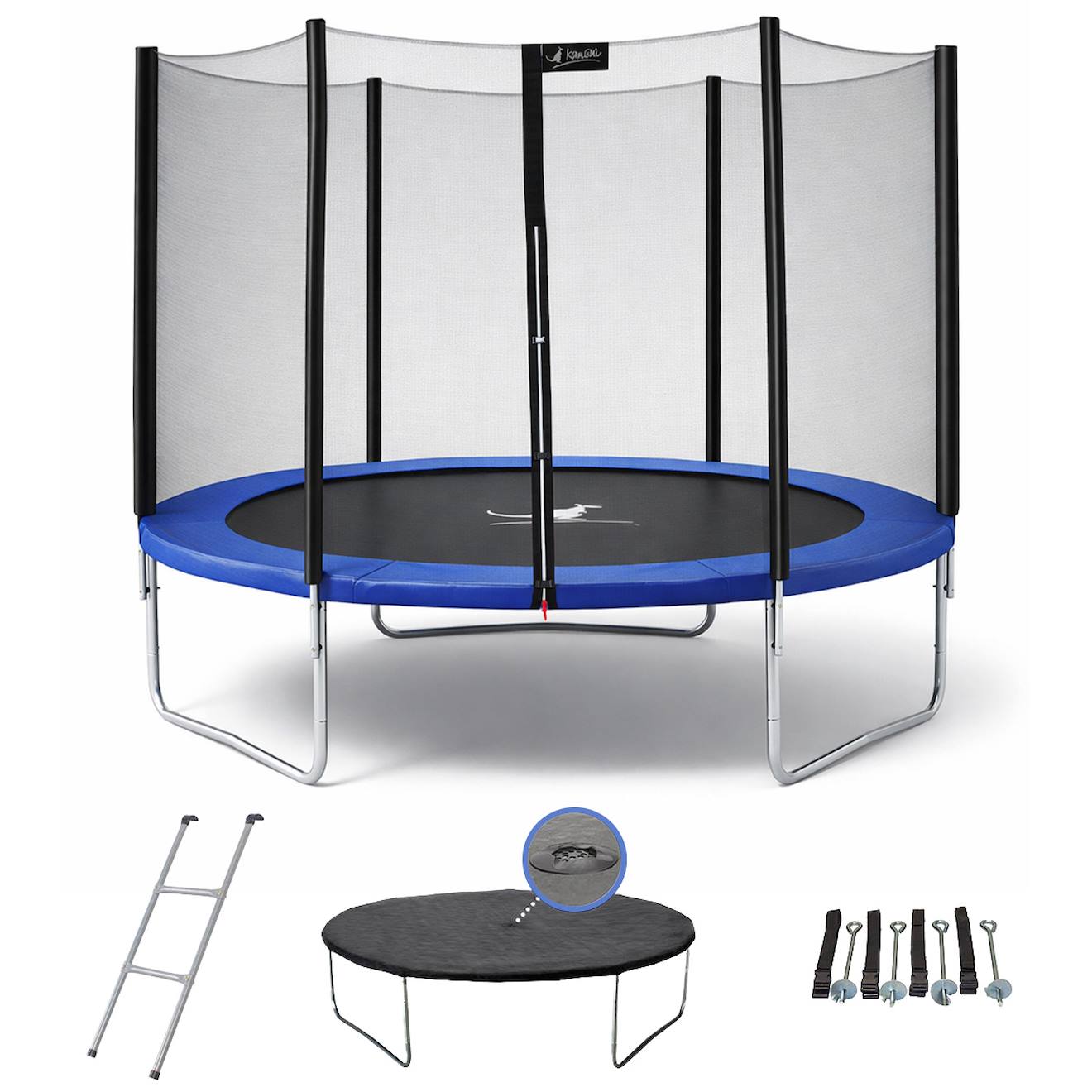 Trampoline Rond Bleu Ø 300cm Avec Filet, Échelle, Bâche Et Kit Ancrage Bleu