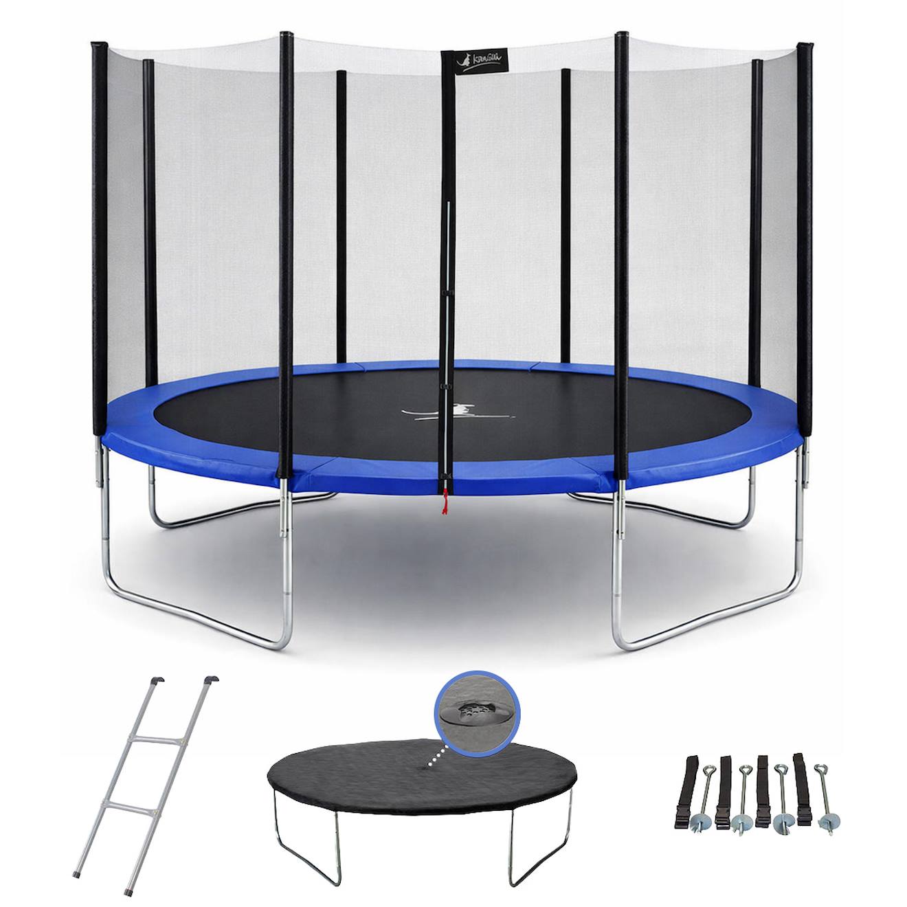 Trampoline Rond Bleu Ø 360cm Avec Filet, Échelle, Bâche Et Kit Ancrage Bleu