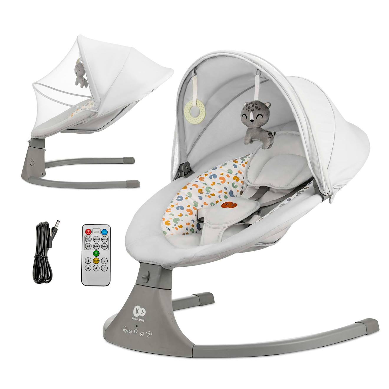 Transat Bébé Lumi 2 Électrique Avec Basculement Latéral, 12 Mélodies, Moustiquaire Et Harnais 5 Points Gris Clair