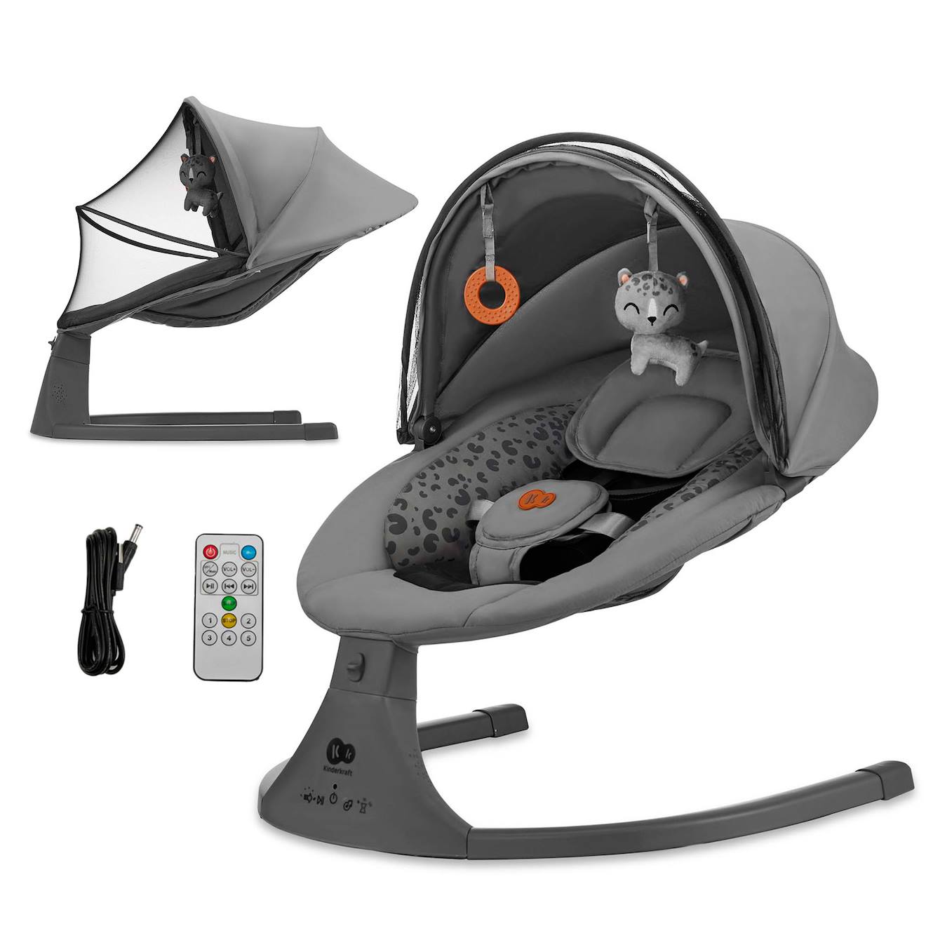 Transat Bébé Lumi 2 Électrique Avec Basculement Latéral, 12 Mélodies, Moustiquaire Et Harnais 5 Points Gris Foncé