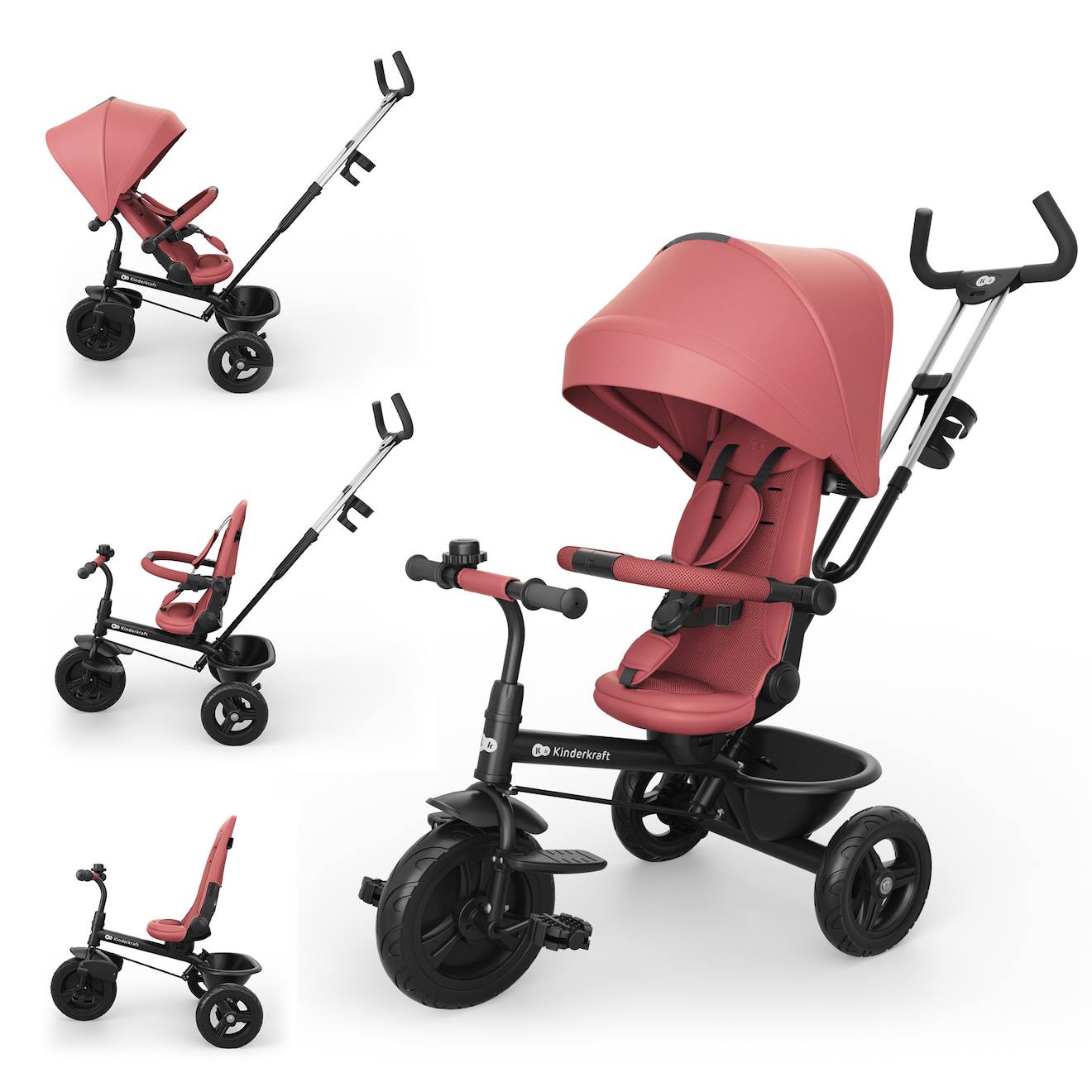 Tricycle Aston 2 Plus Évolutif 6-en-1 Avec Siège 360° Click & Twist, Position Semi-allongée Et Poignée Réglable Rose
